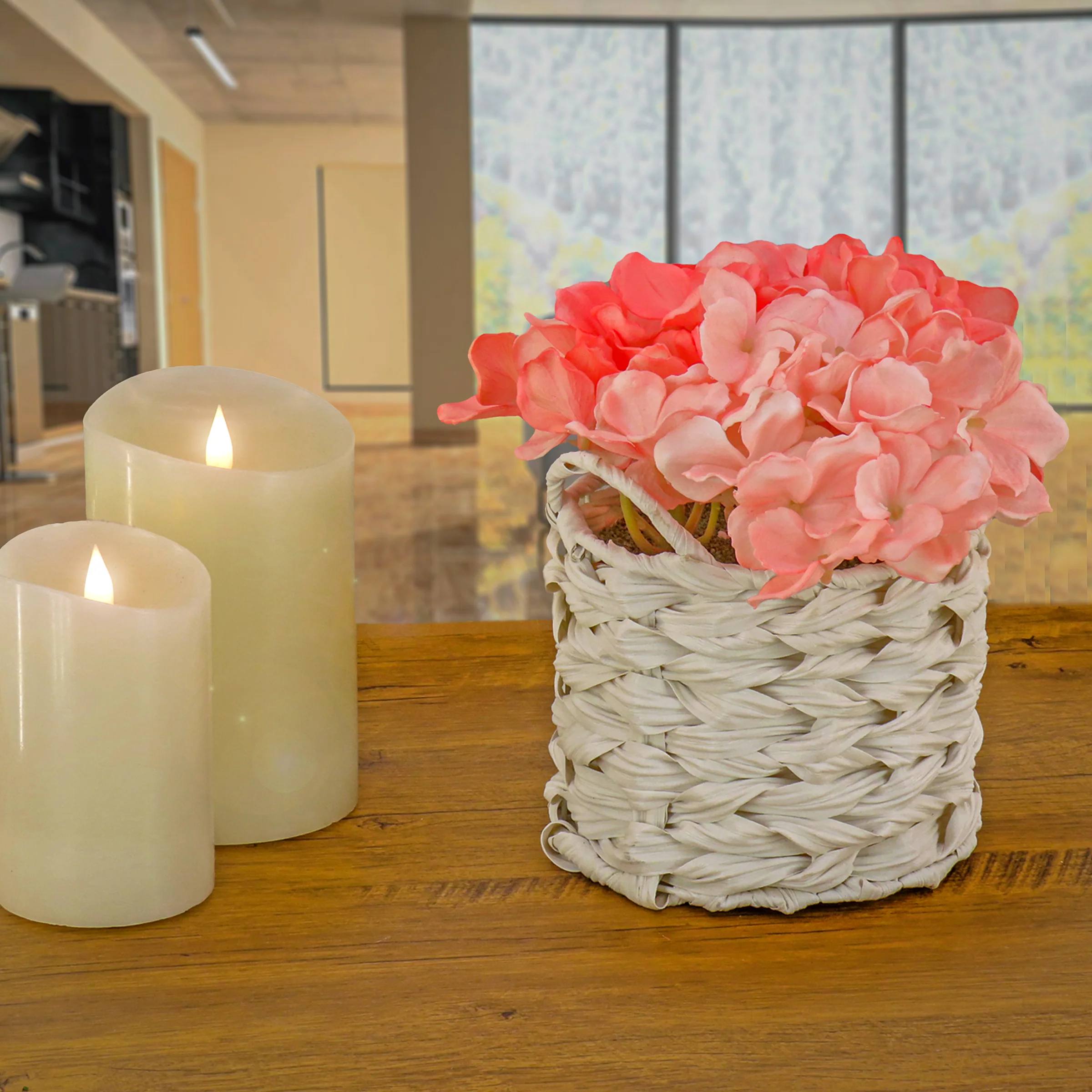10 in. Spring Coral Hydrangea Bouquet in White Basket - Image 2