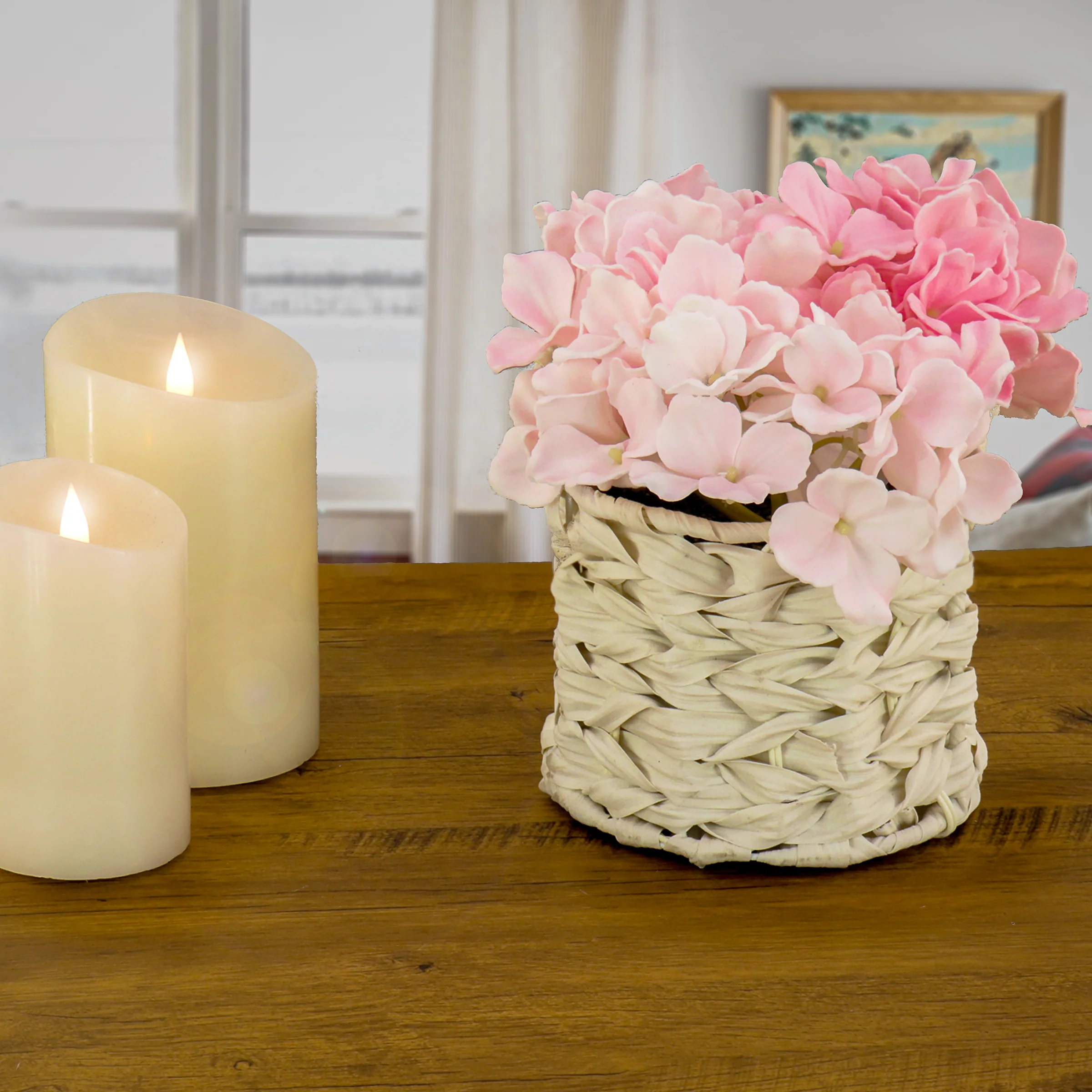 10 in. Spring Light Pink Hydrangea Bouquet in White Basket - Image 2