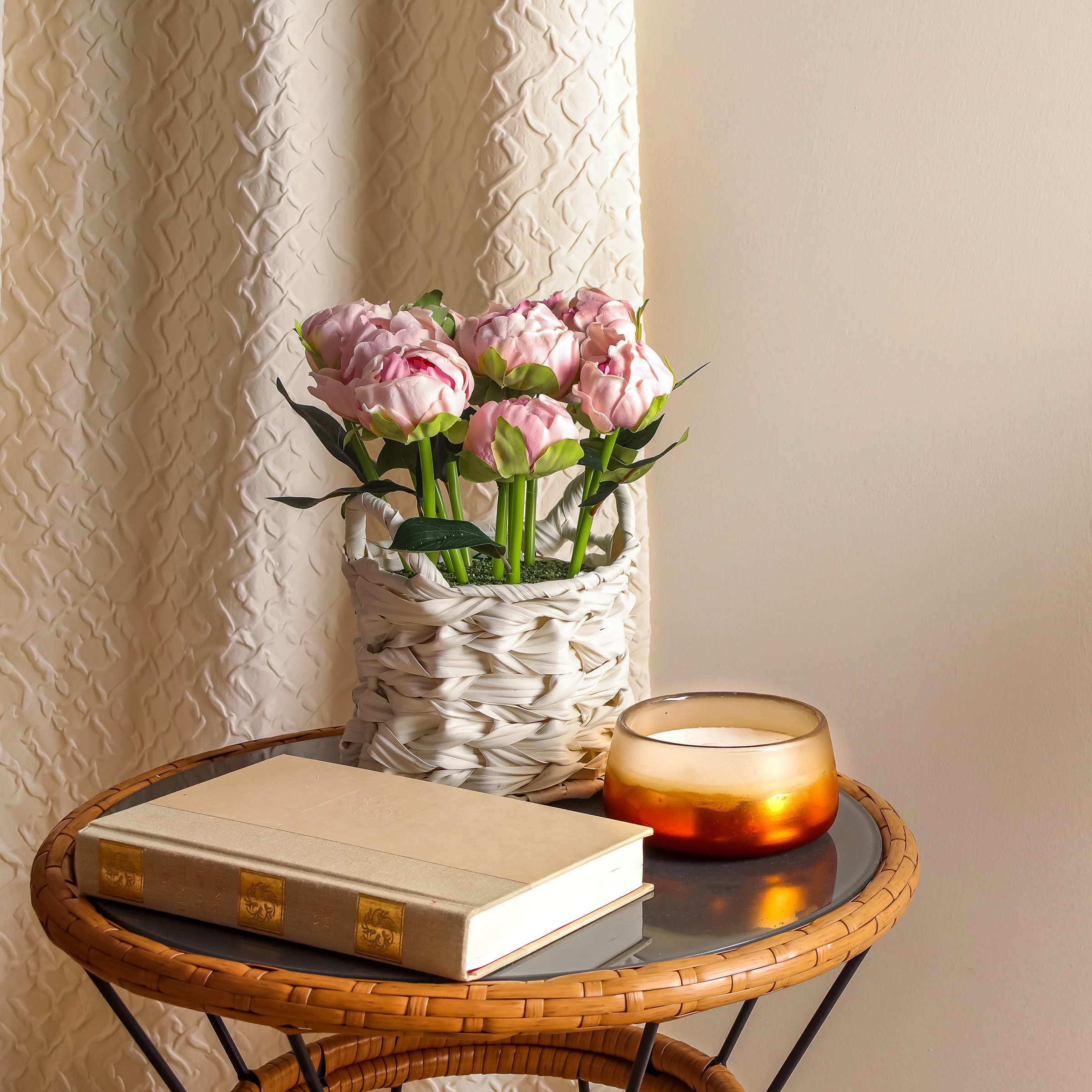 10 in. Spring Light Pink Peony Flower Bouquet in White Basket - Image 2