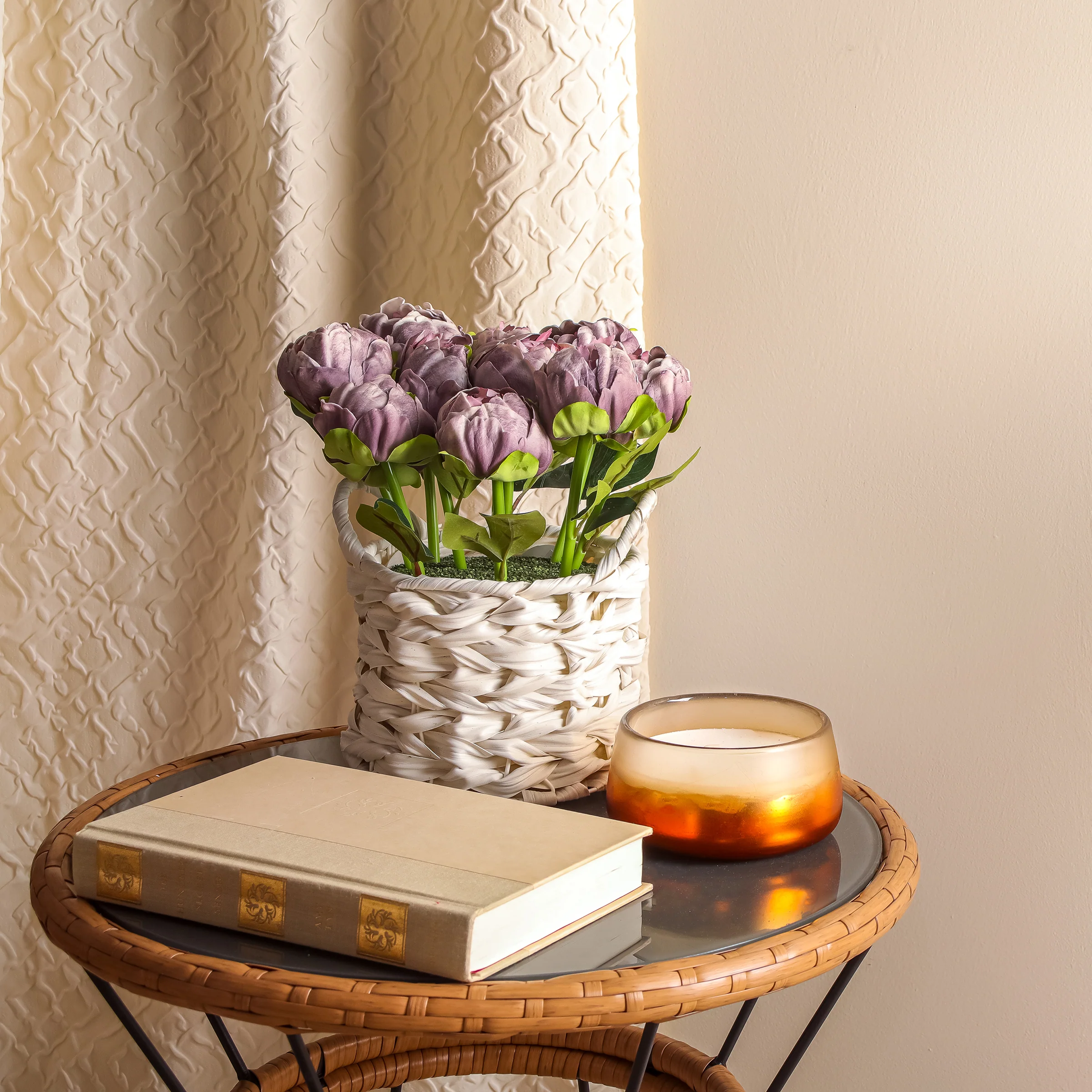 10 in. Spring Light Purple Peony Flower Bouquet in White Basket - Image 2