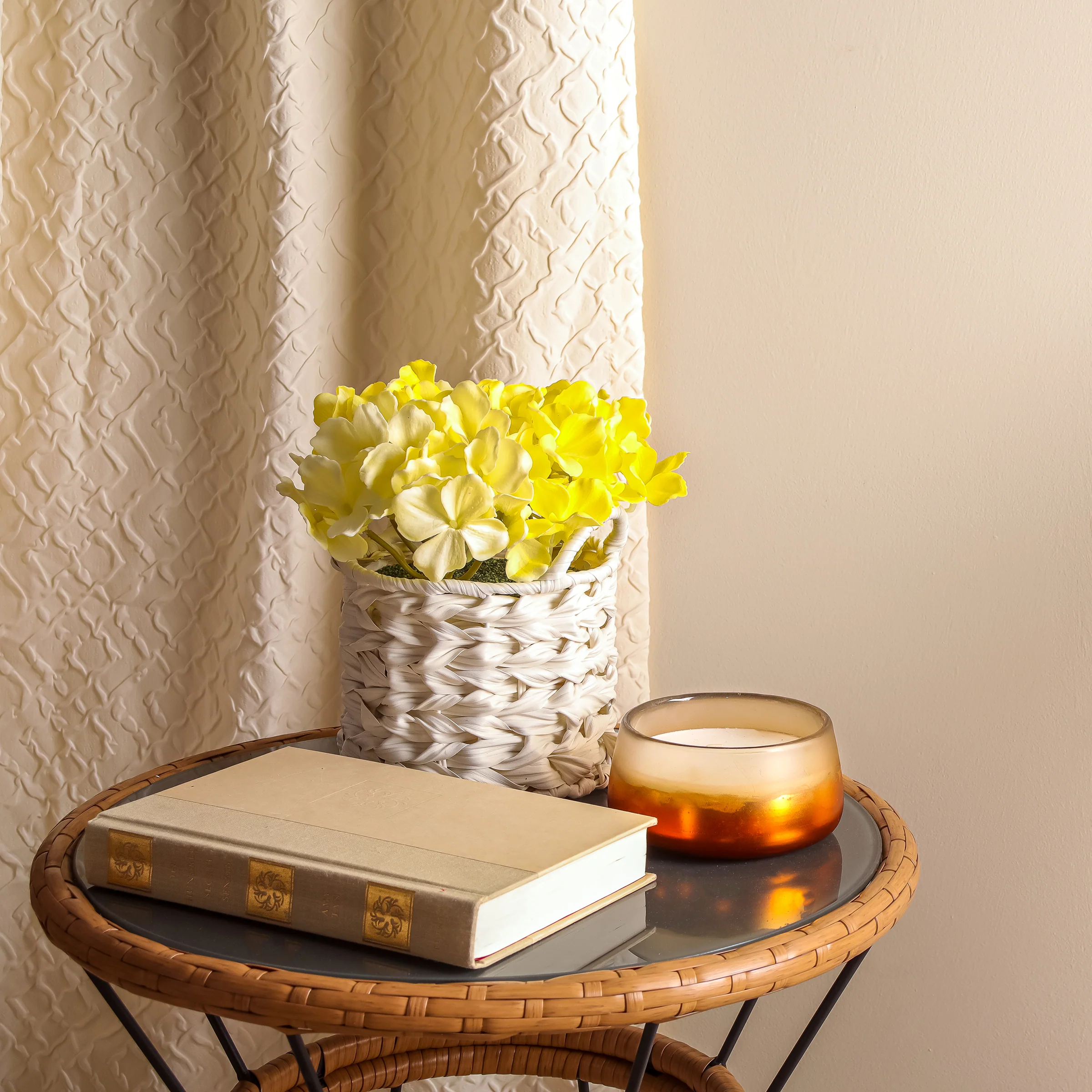 10 in. Spring Light Yellow Hydrangea Bouquet in White Basket - Image 2