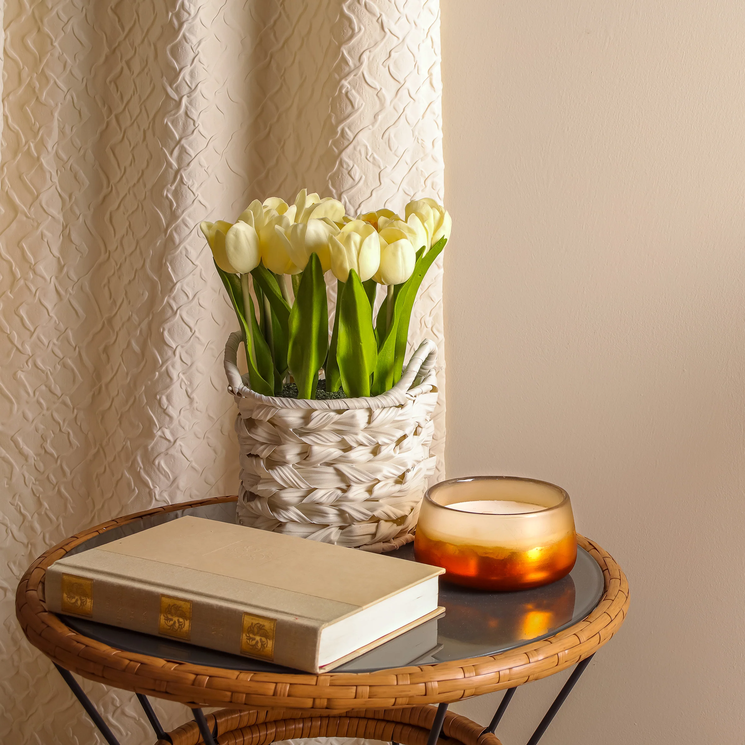 10 in. Spring Light Yellow Tulip Bouquet in White Basket - Image 2