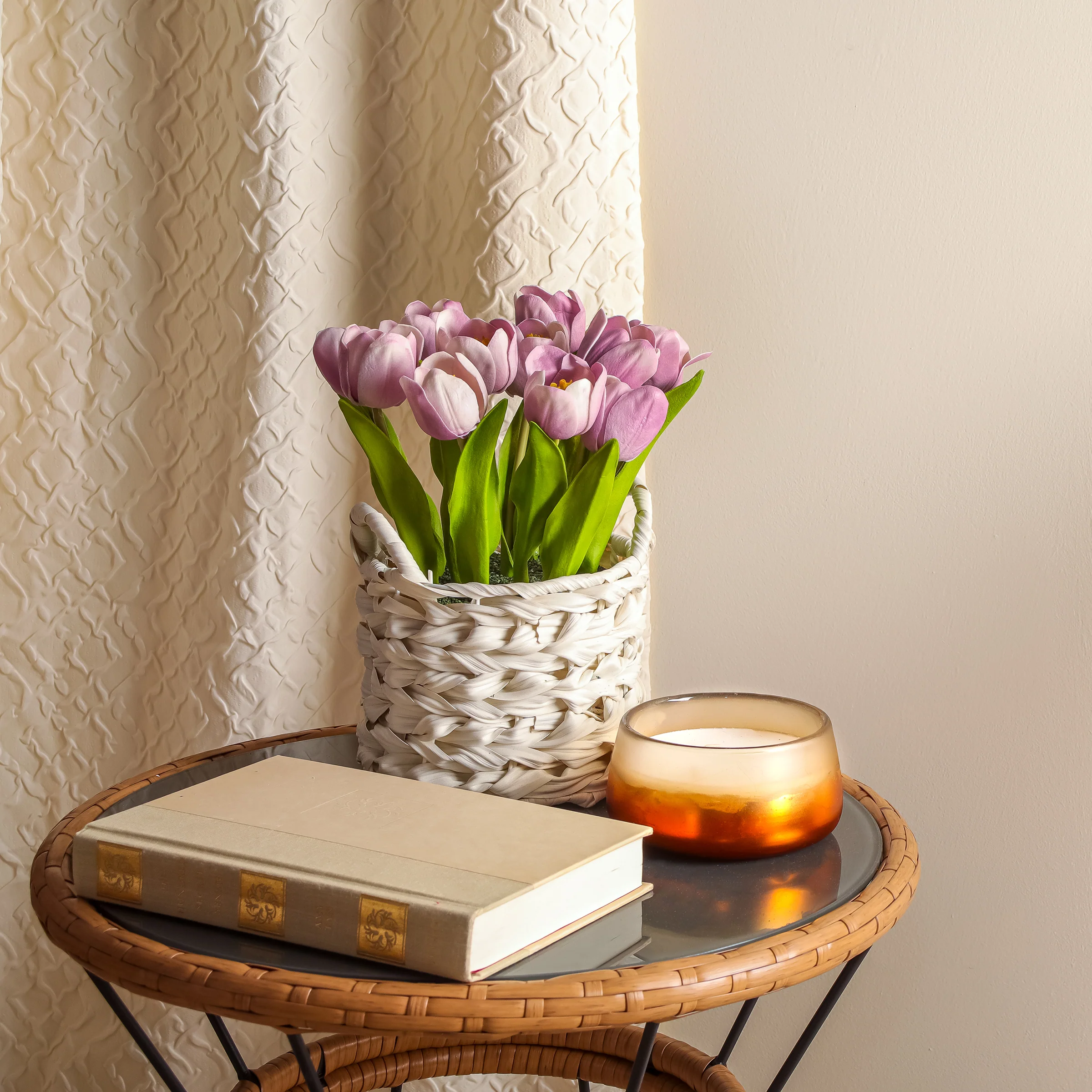 10 in. Spring Mauve Tulip Bouquet in White Basket - Image 2
