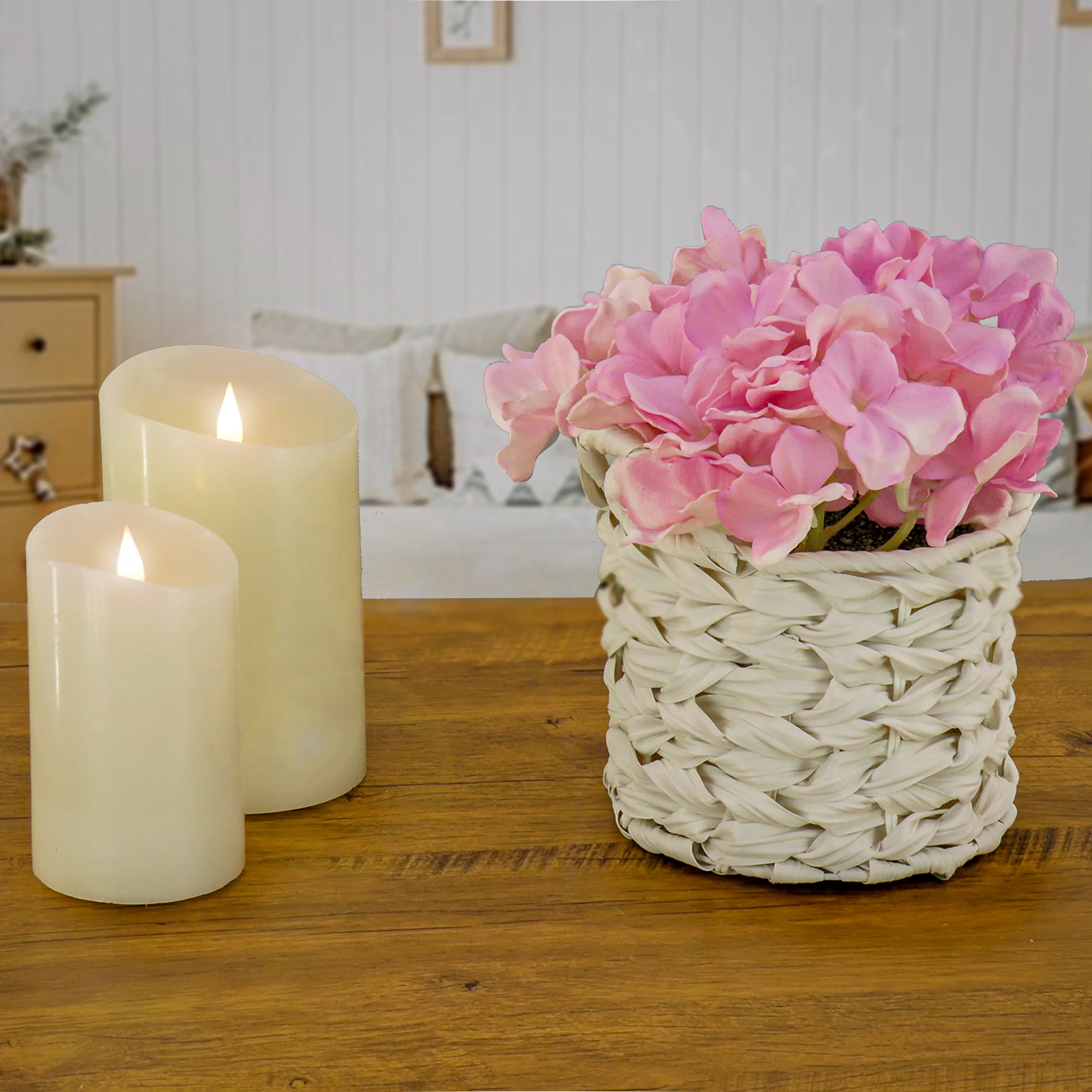 10 in. Spring Mixed Mauve Hydrangea Bouquet in White Basket - Image 2