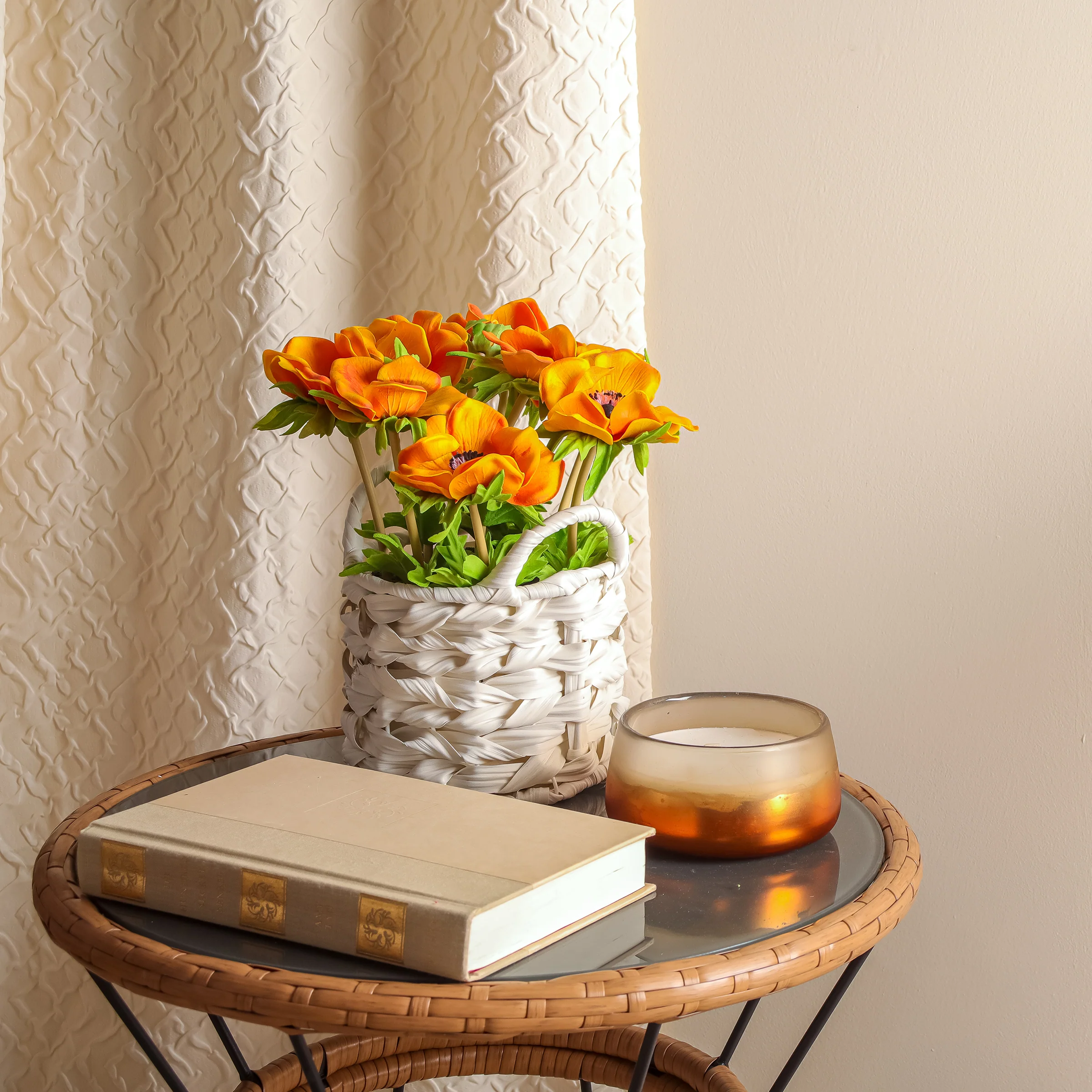 10 in. Spring Orange Anemone Flower Bouquet in White Basket - Image 2