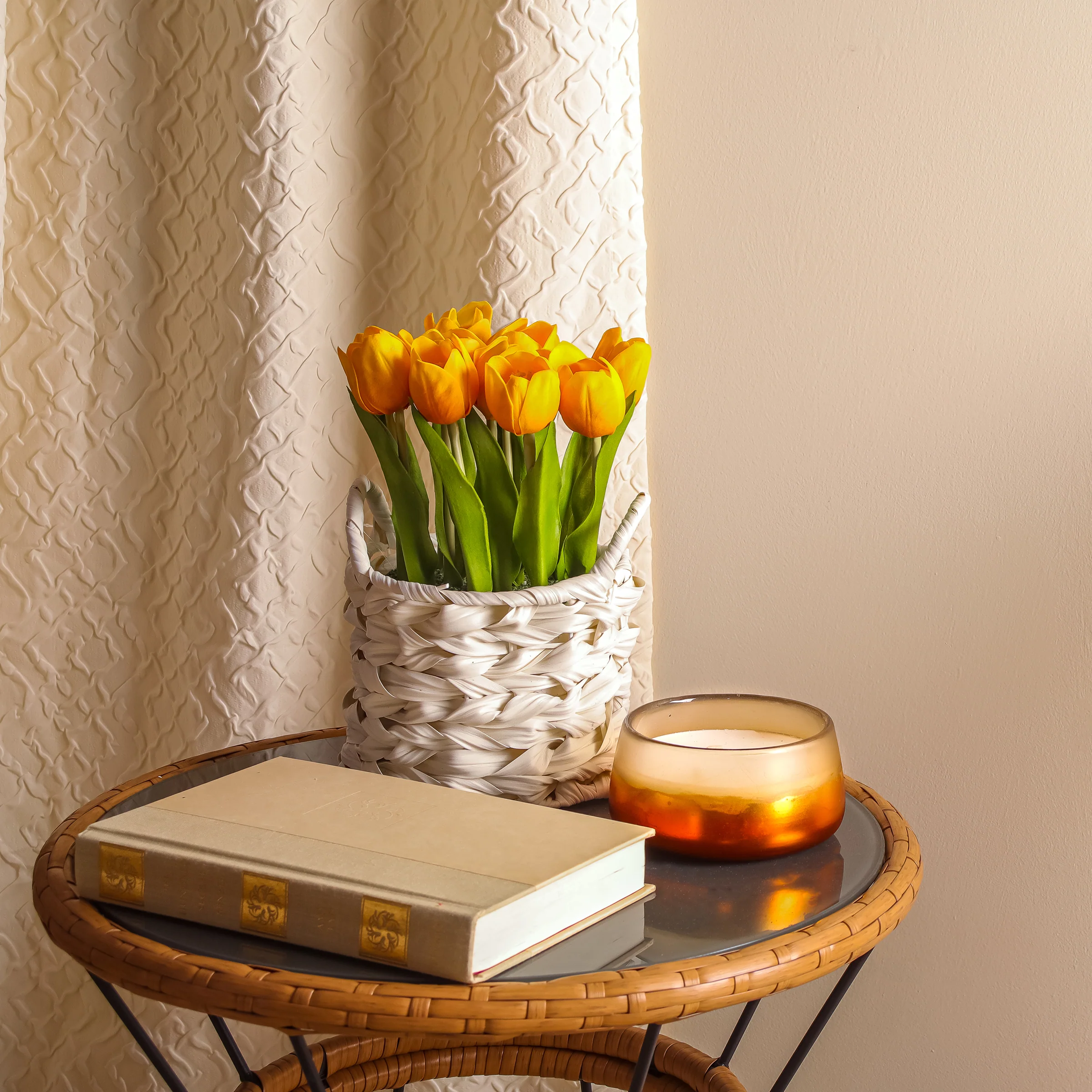 10 in. Spring Orange Tulip Bouquet in White Basket - Image 2