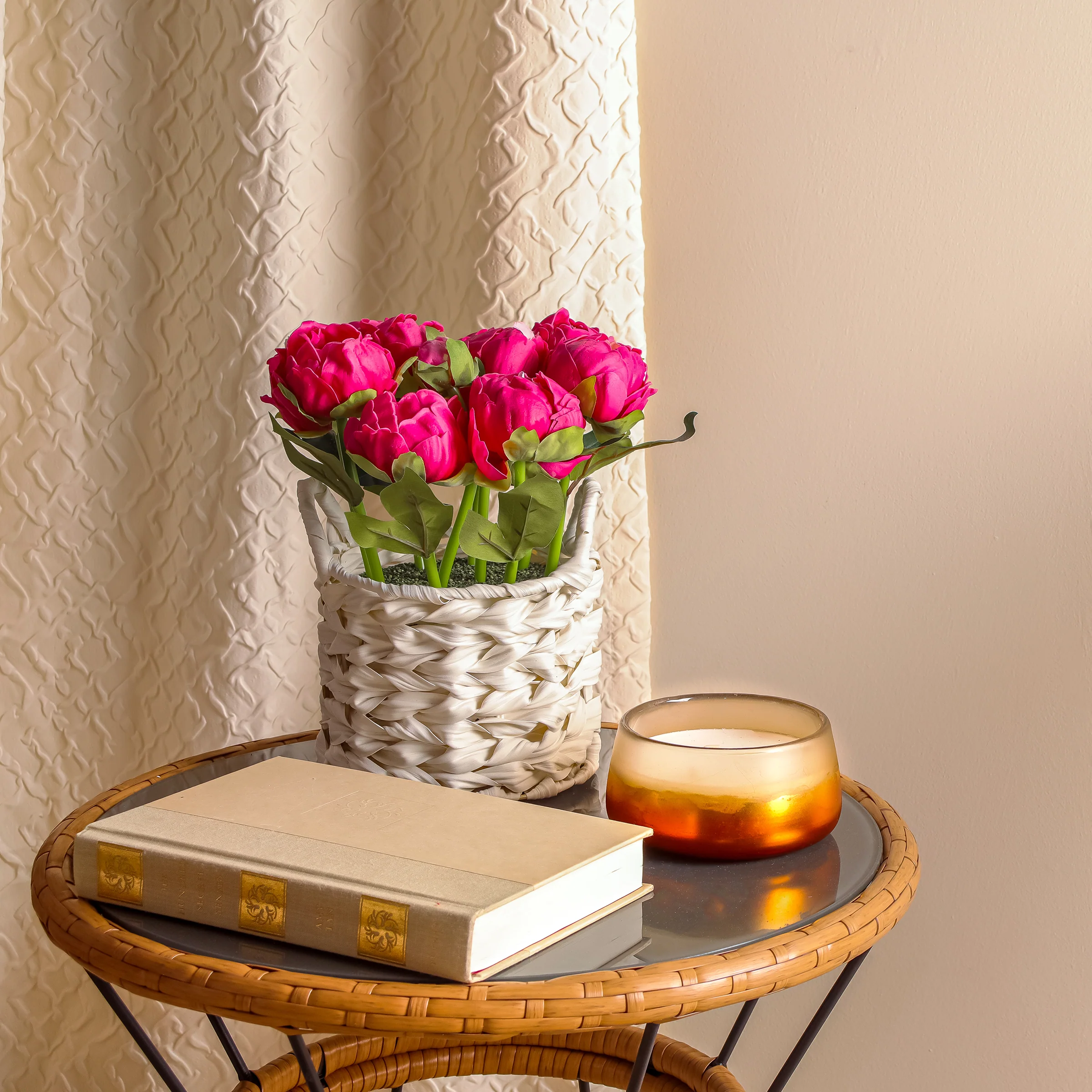 10 in. Spring Pink Peony Flower Bouquet in White Basket - Image 2