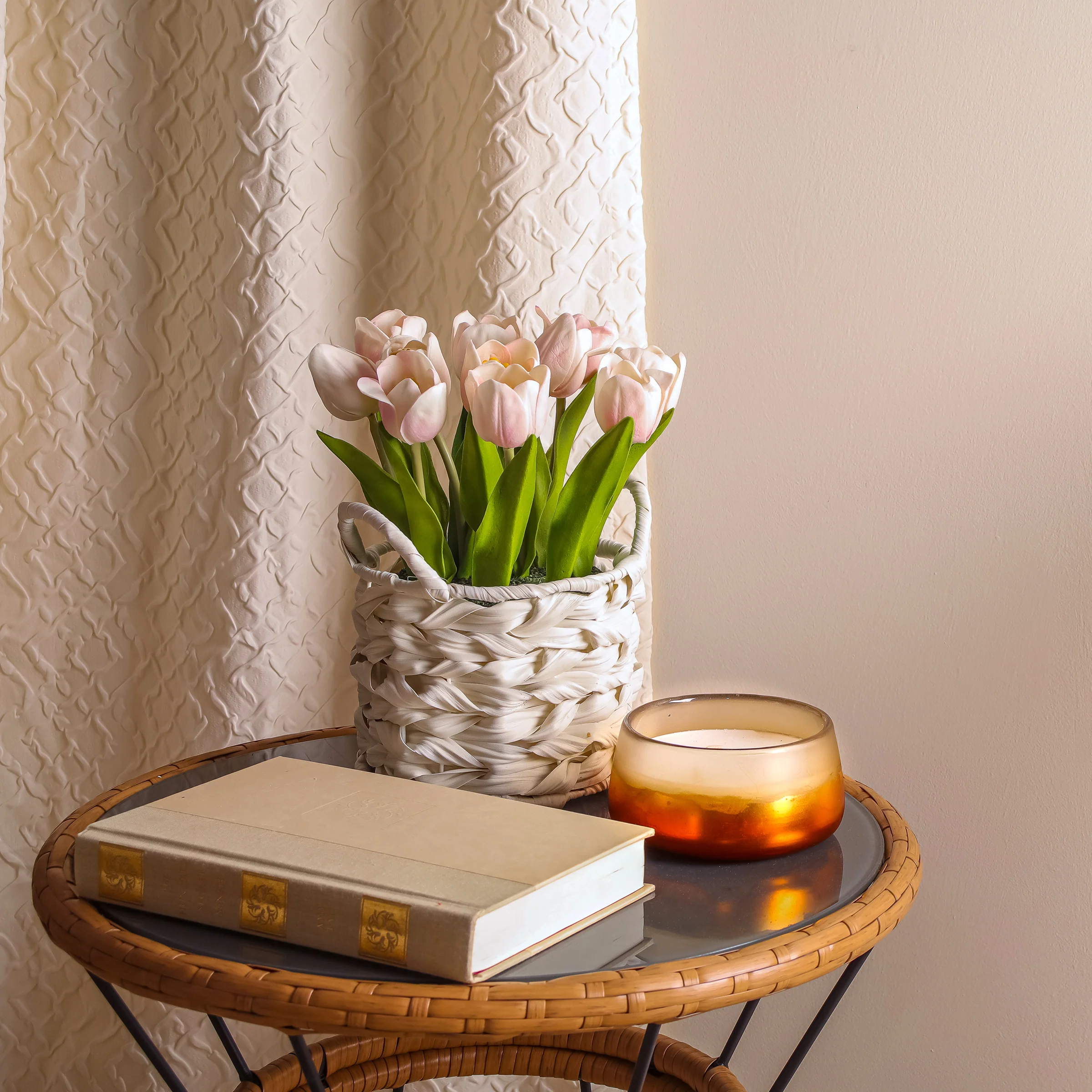 10 in. Spring Pink Tulip Bouquet in White Basket - Image 2