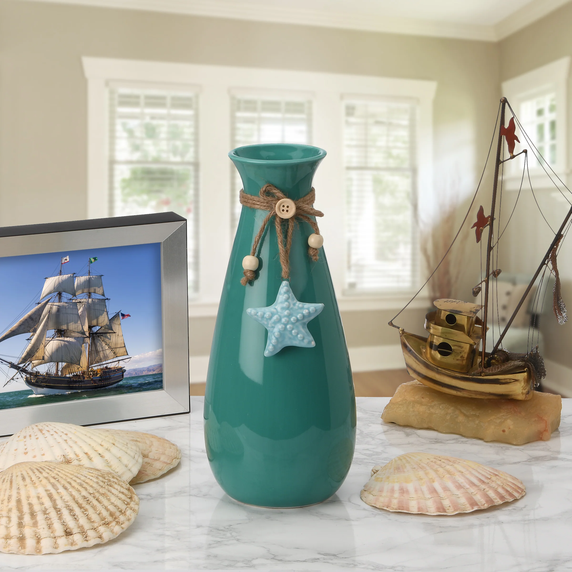 10 in. Spring Aqua Green Porcelain Vase with Star Fish - Image 2