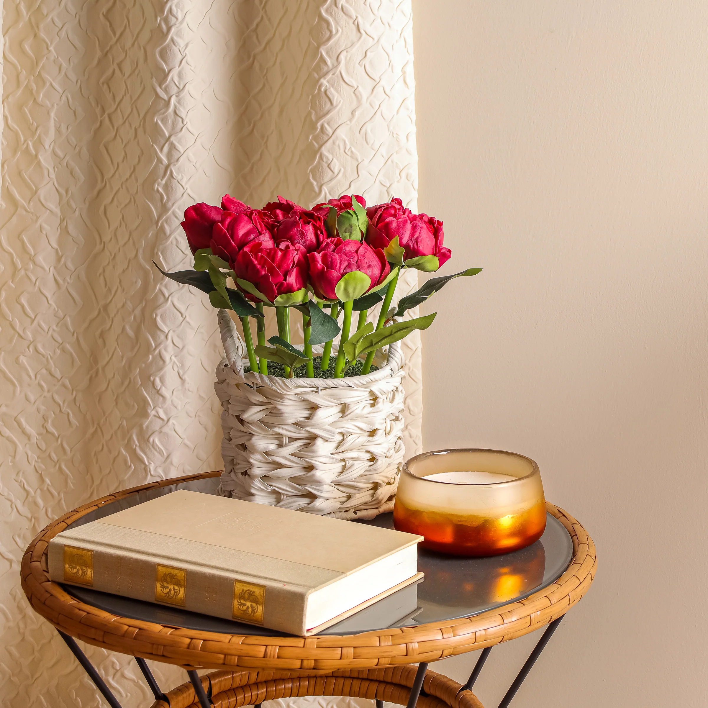 10 in. Spring Red Peony Flower Bouquet in White Basket - Image 2