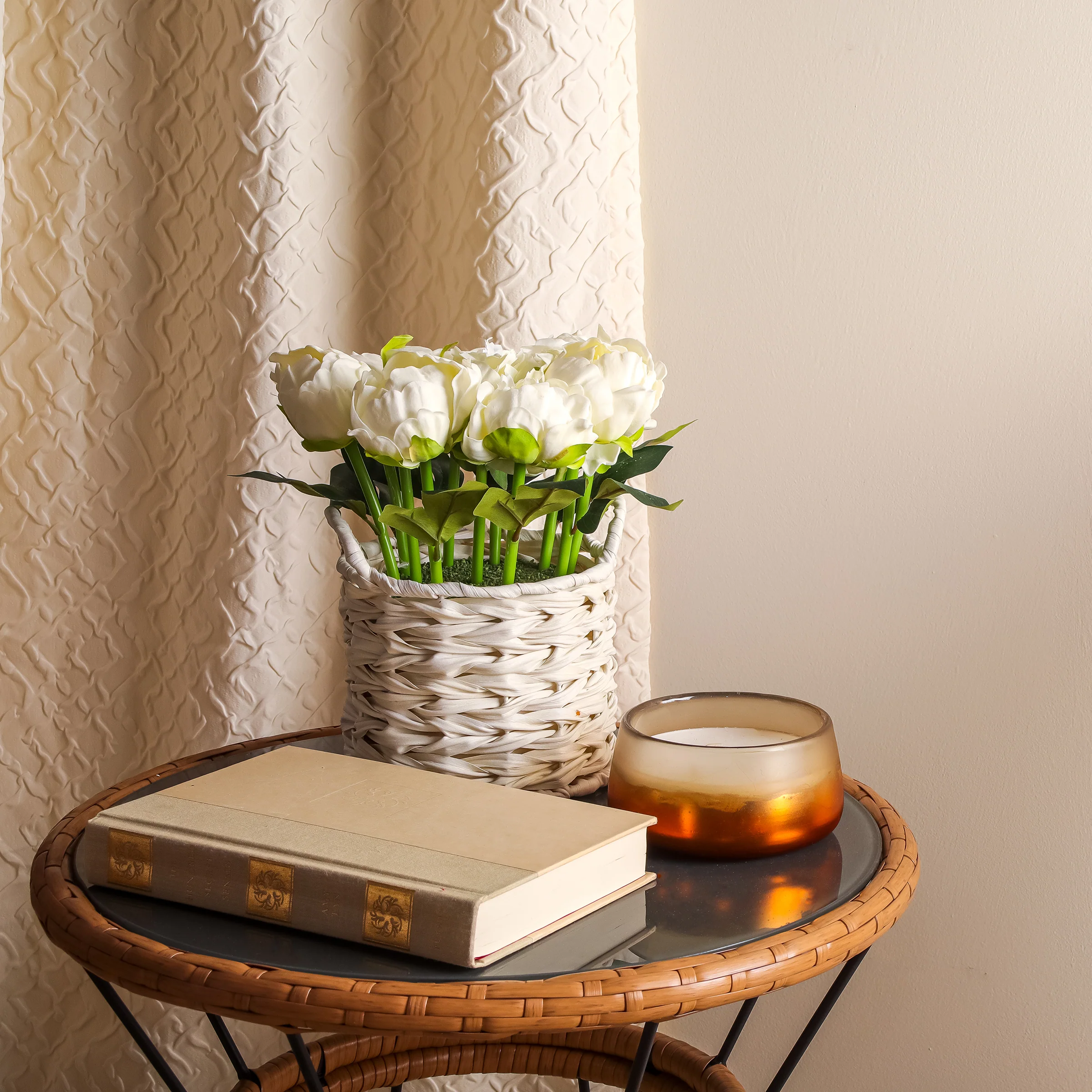 10 in. Spring White Peony Flower Bouquet in White Basket - Image 2