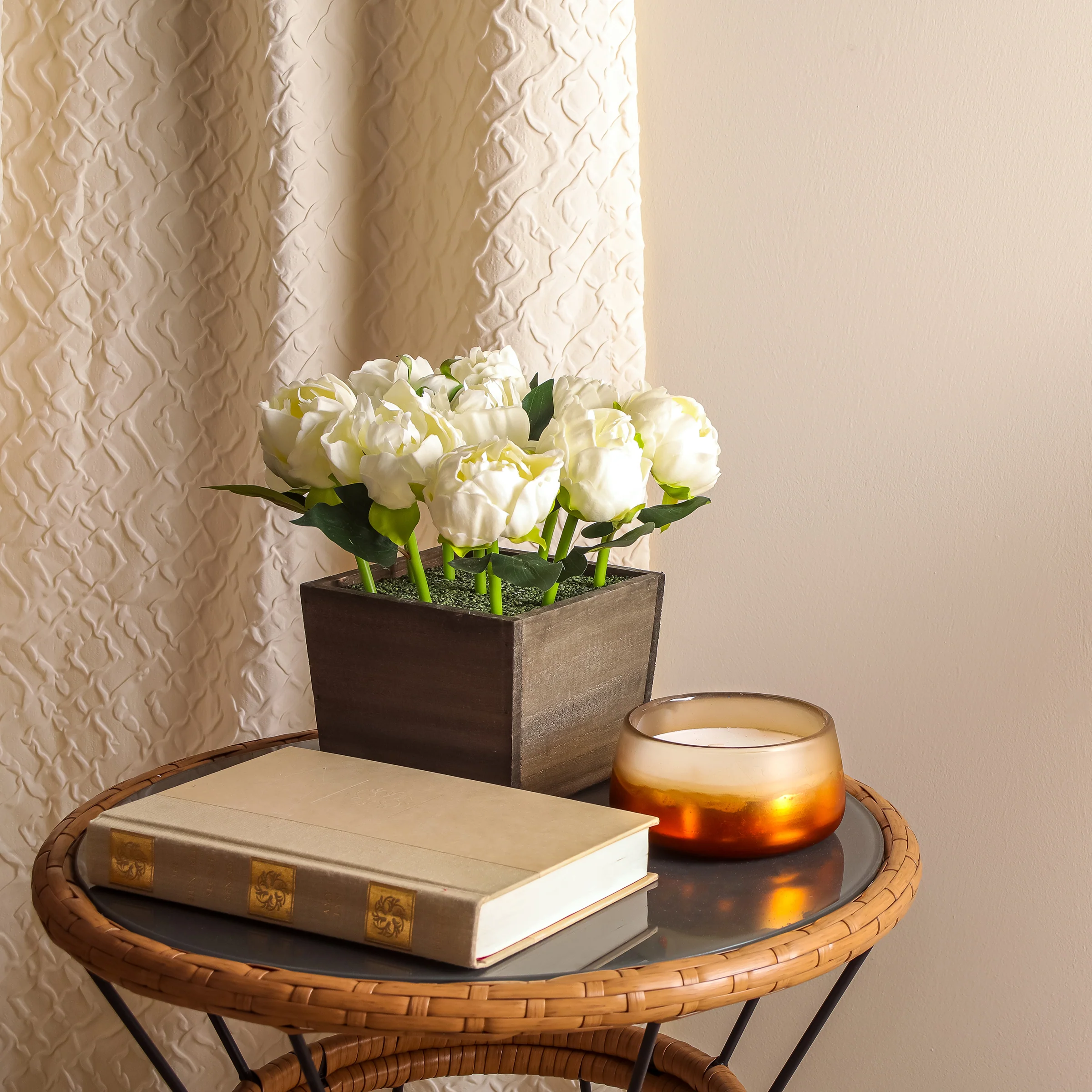 10 in. Spring White Peony Flowers in Wood Box - Image 2