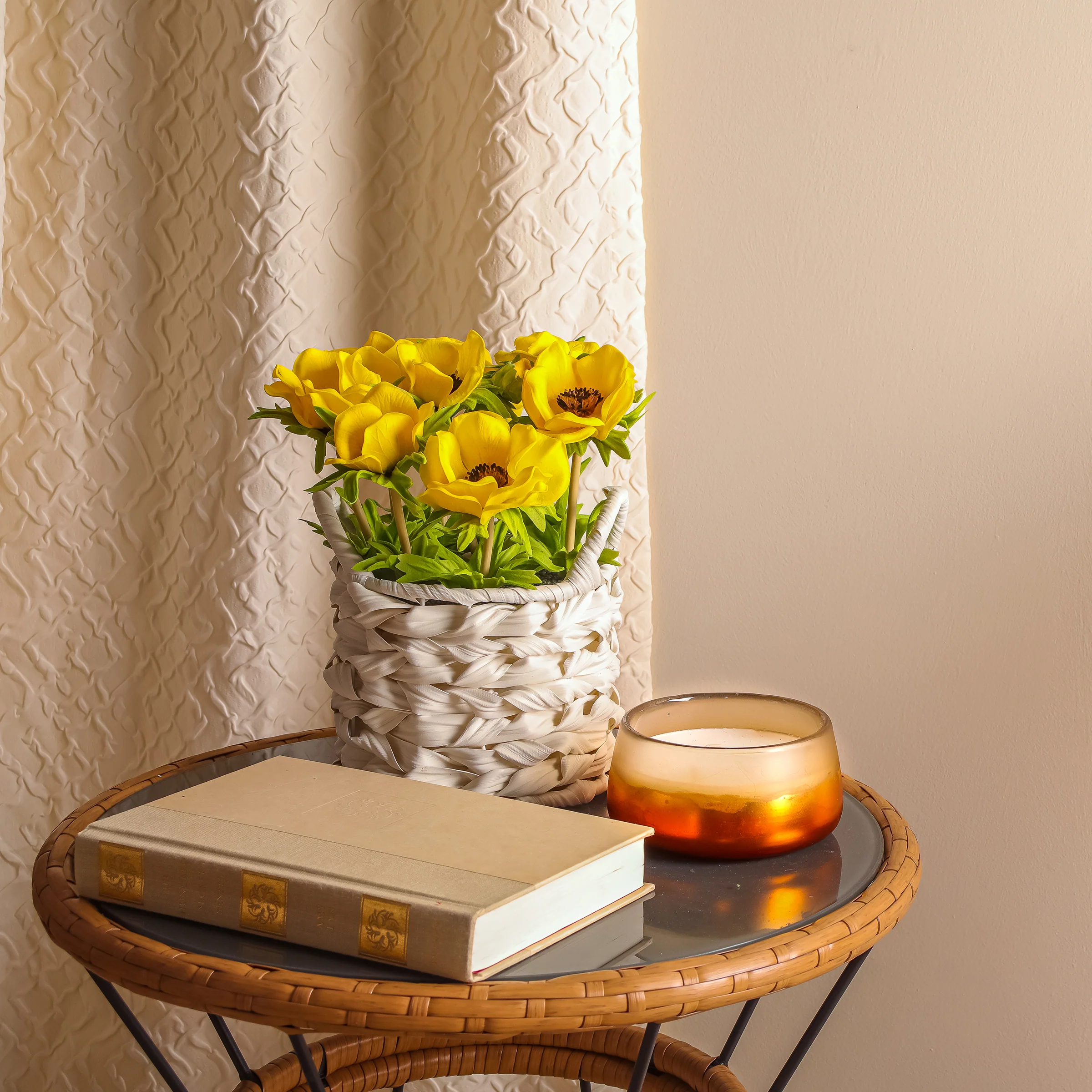 10 in. Spring Yellow Anemone Flower Bouquet in White Basket - Image 2