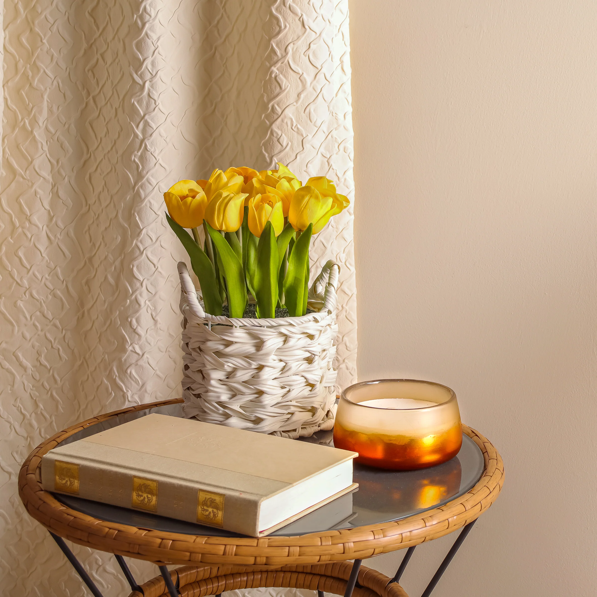 10 in. Spring Yellow Tulip Bouquet in White Basket - Image 2