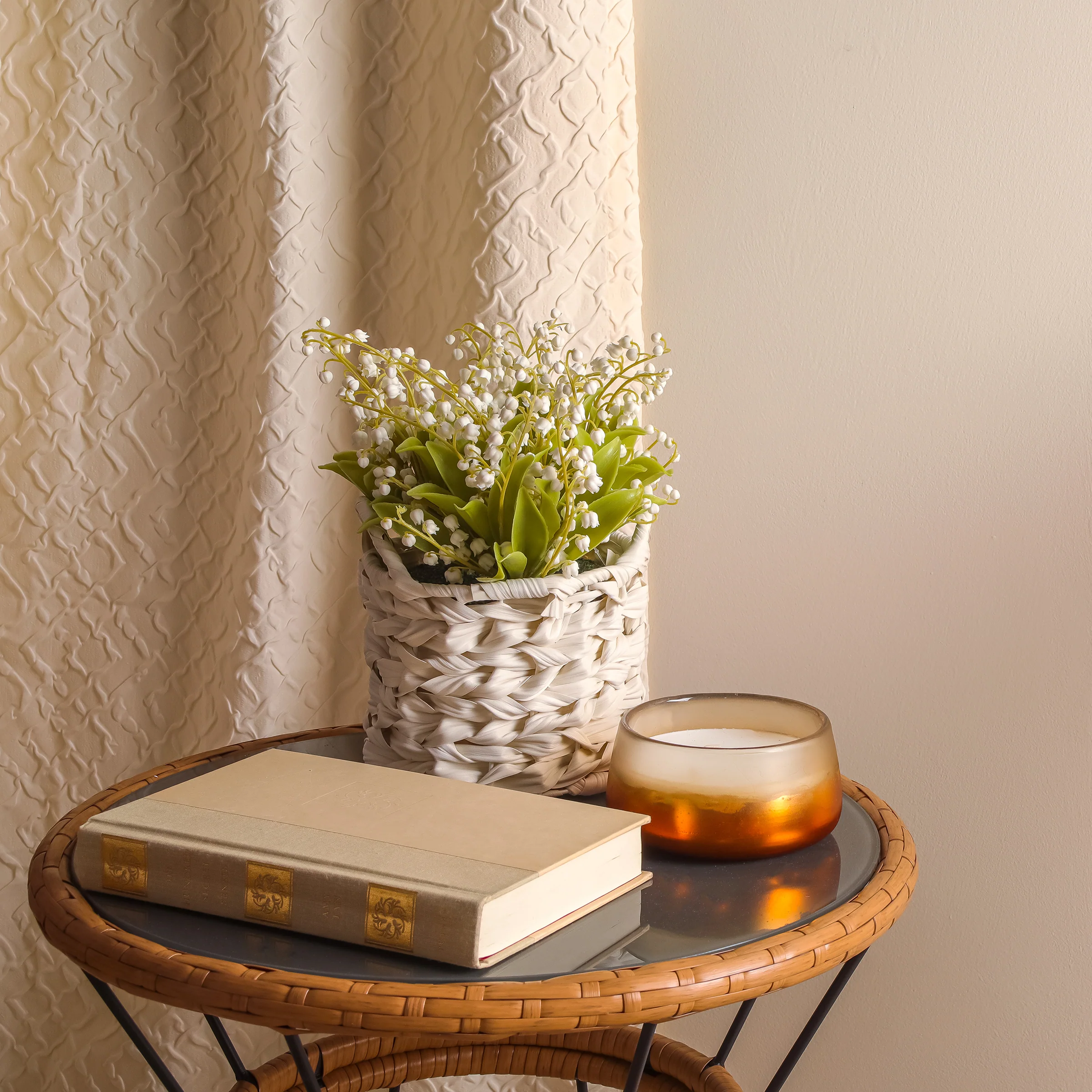 11 in. Spring White Lily-of-the-Valley Flowers in White Basket - Image 2