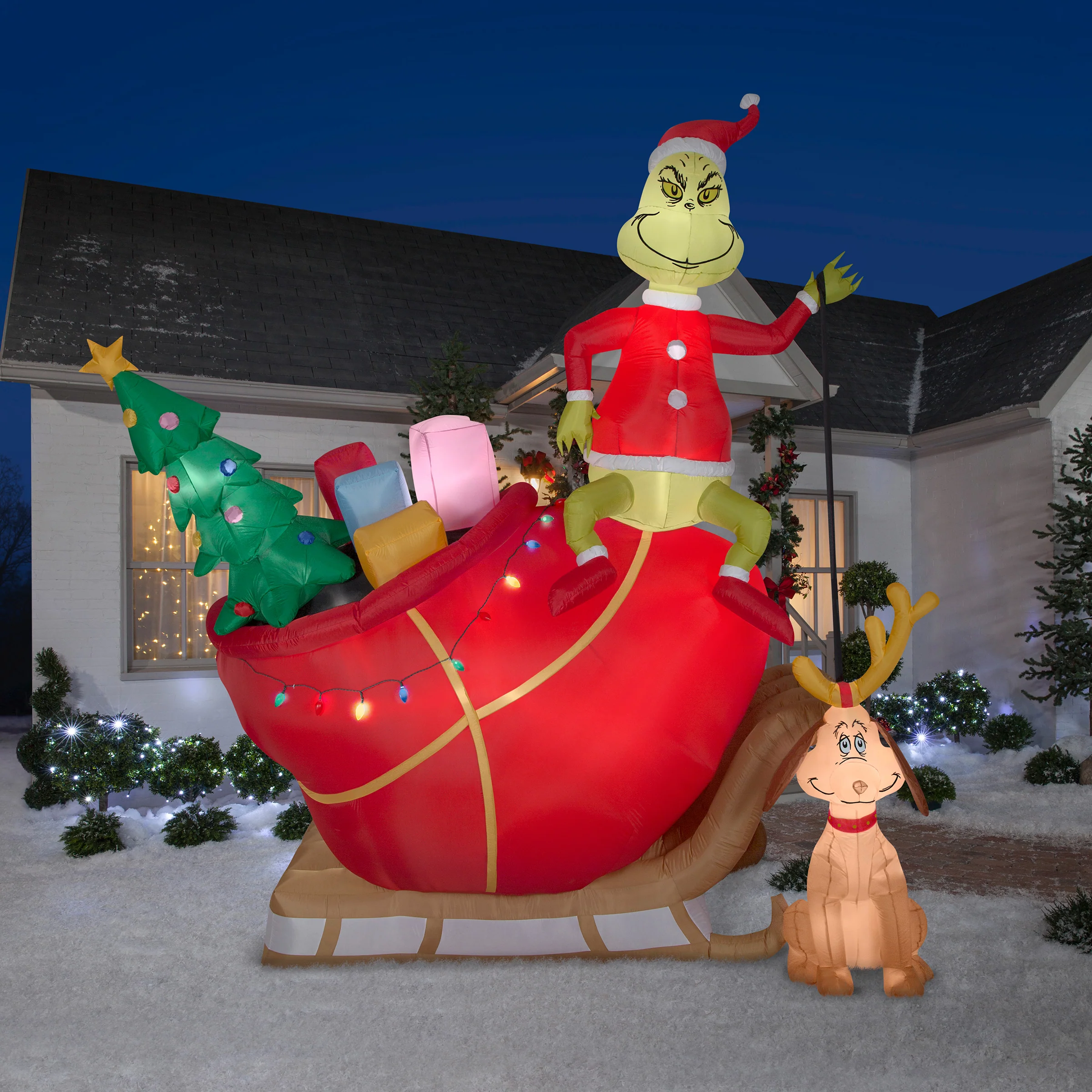 12 ft. Inflatable Grinch On Sleigh with Max with LED Lights - Image 2