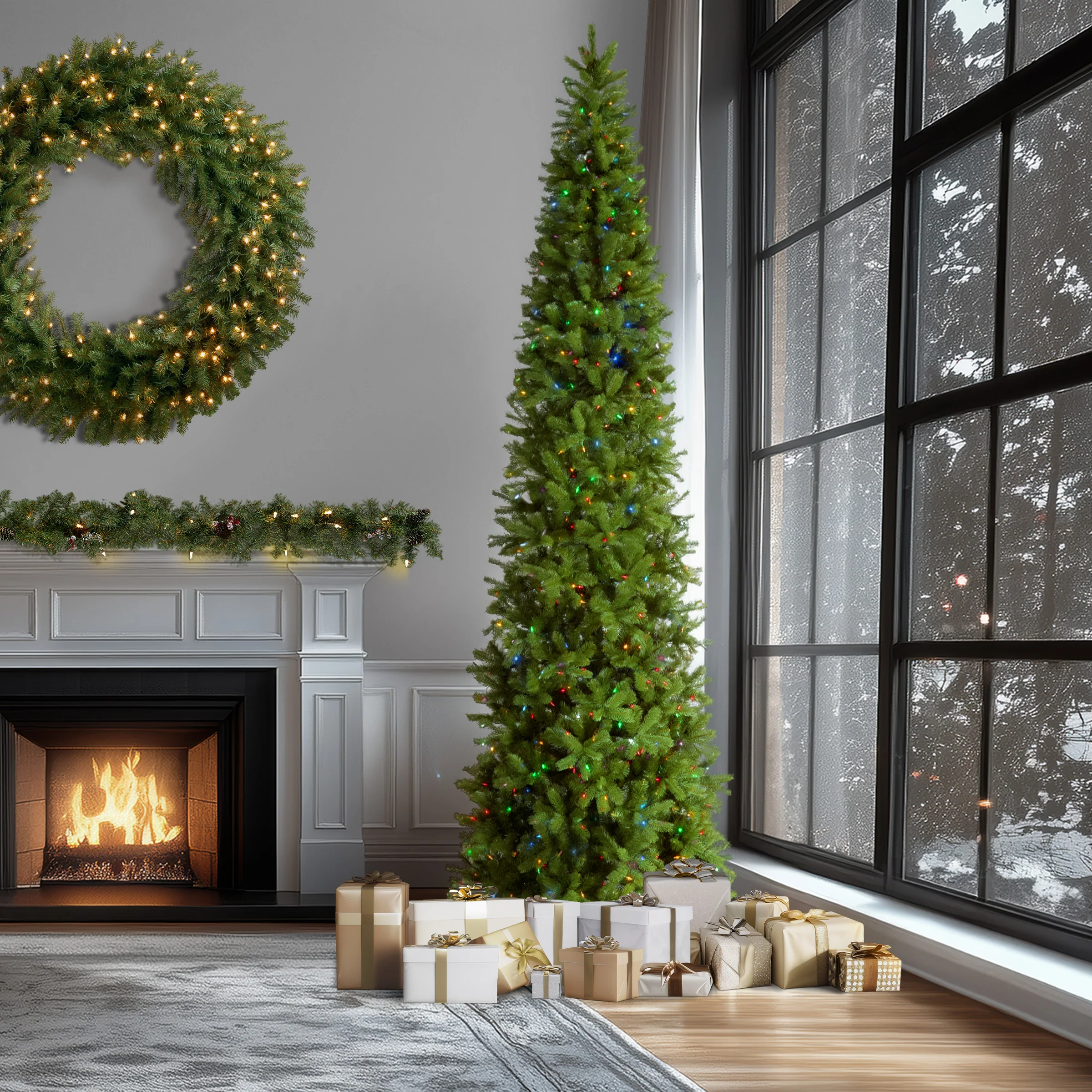 12 ft. Pre-Lit Downswept Douglas Fir Pencil Slim Tree with Dual Color LED Lights, Plug-In - Image 3