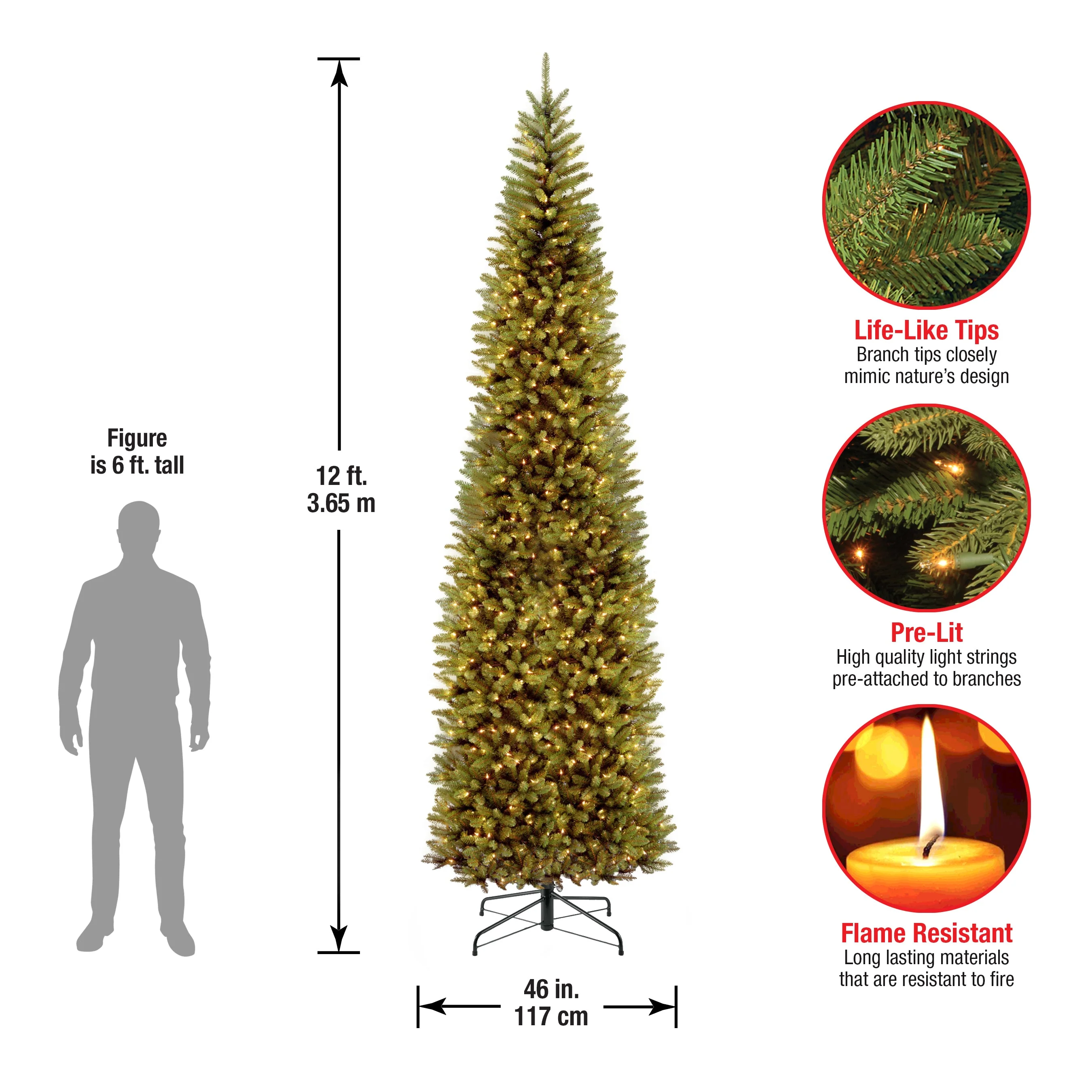 12 ft. Pre-Lit Kingswood Fir Pencil Slim Tree with Clear Lights, Plug-In - Image 3