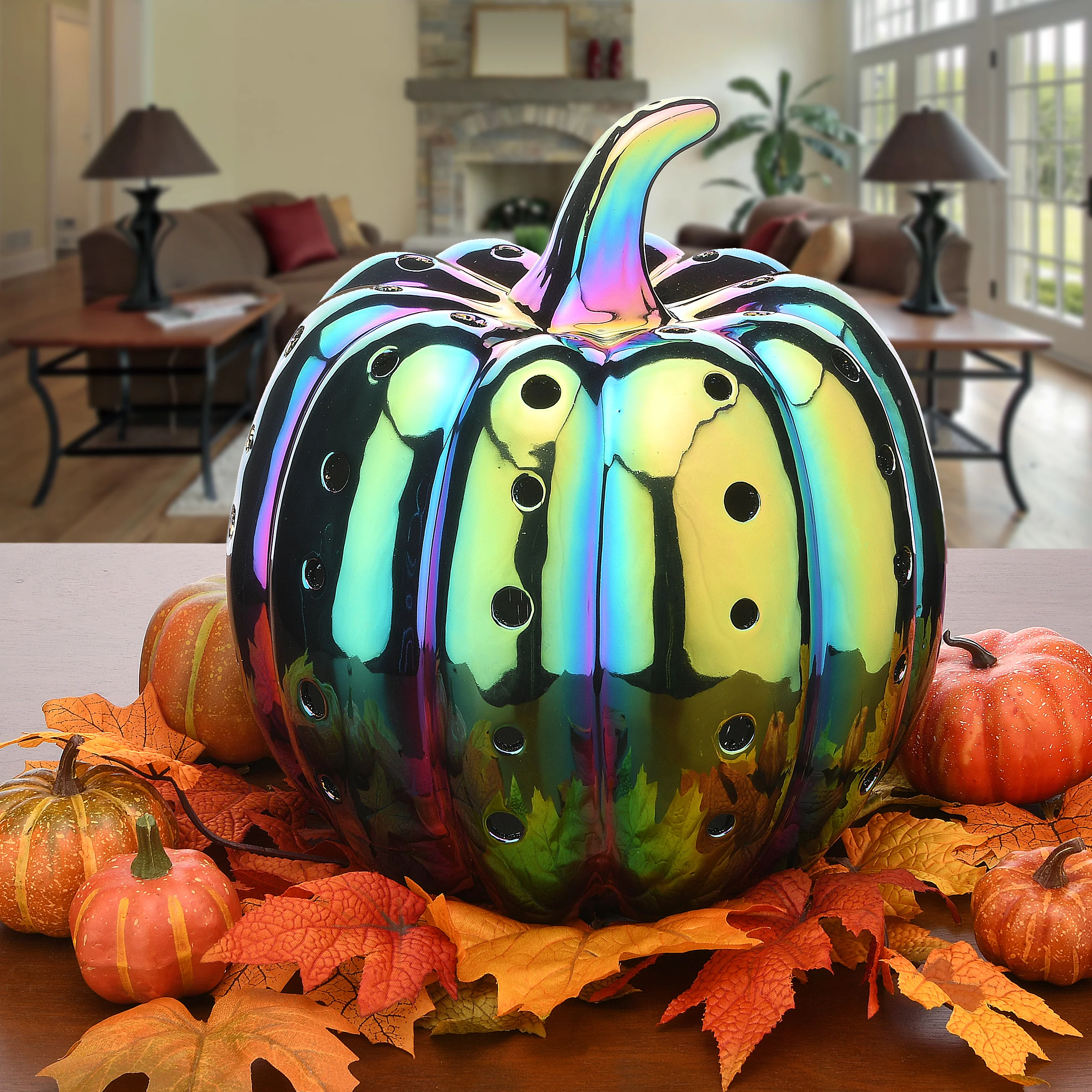 12 in. Halloween Ceramic Iridescent Purple Pumpkin with Multi Color LED Lights - Image 2