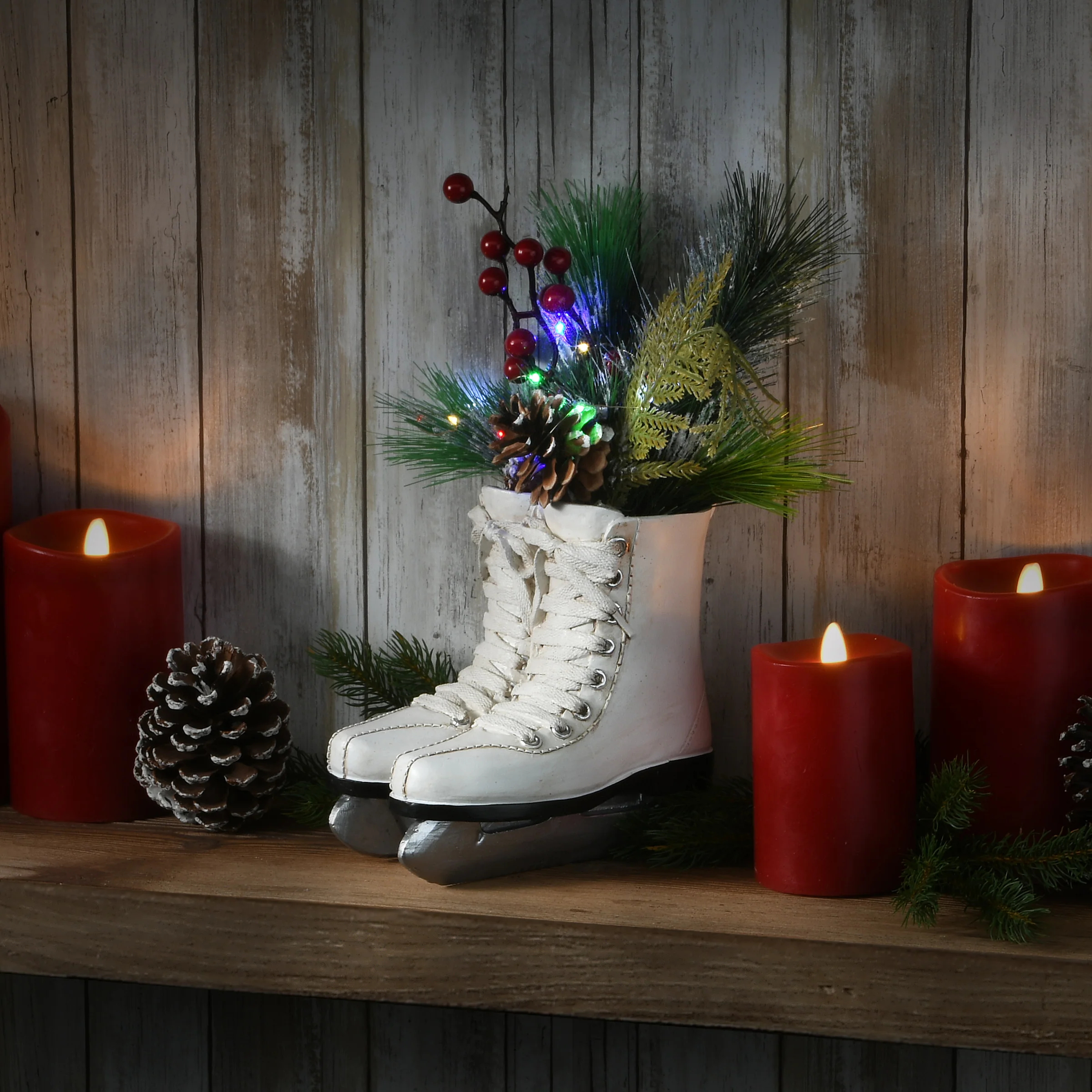 12 in. Pre-Lit White Ice Skates with Evergreen Arrangement - Image 2