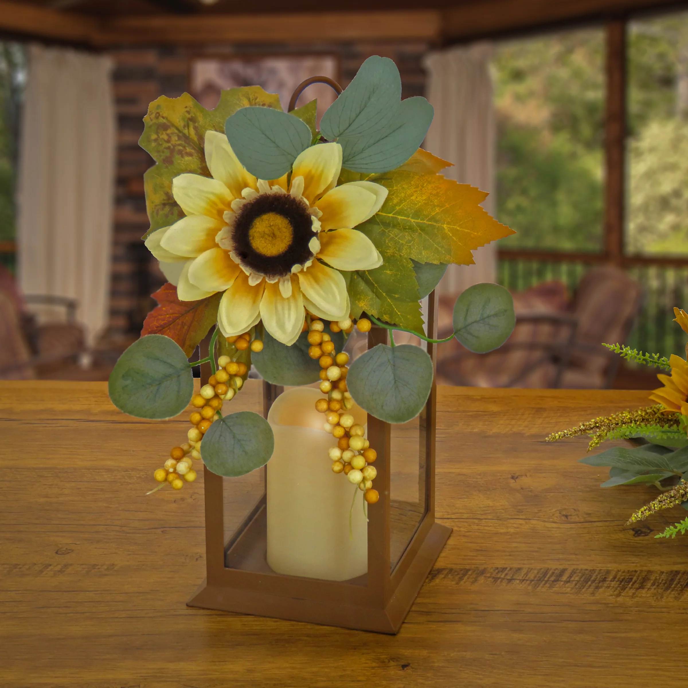 13 in. Fall Lantern with Sunflower, Maple Leaves, Eucalyptus, Berry - Image 2