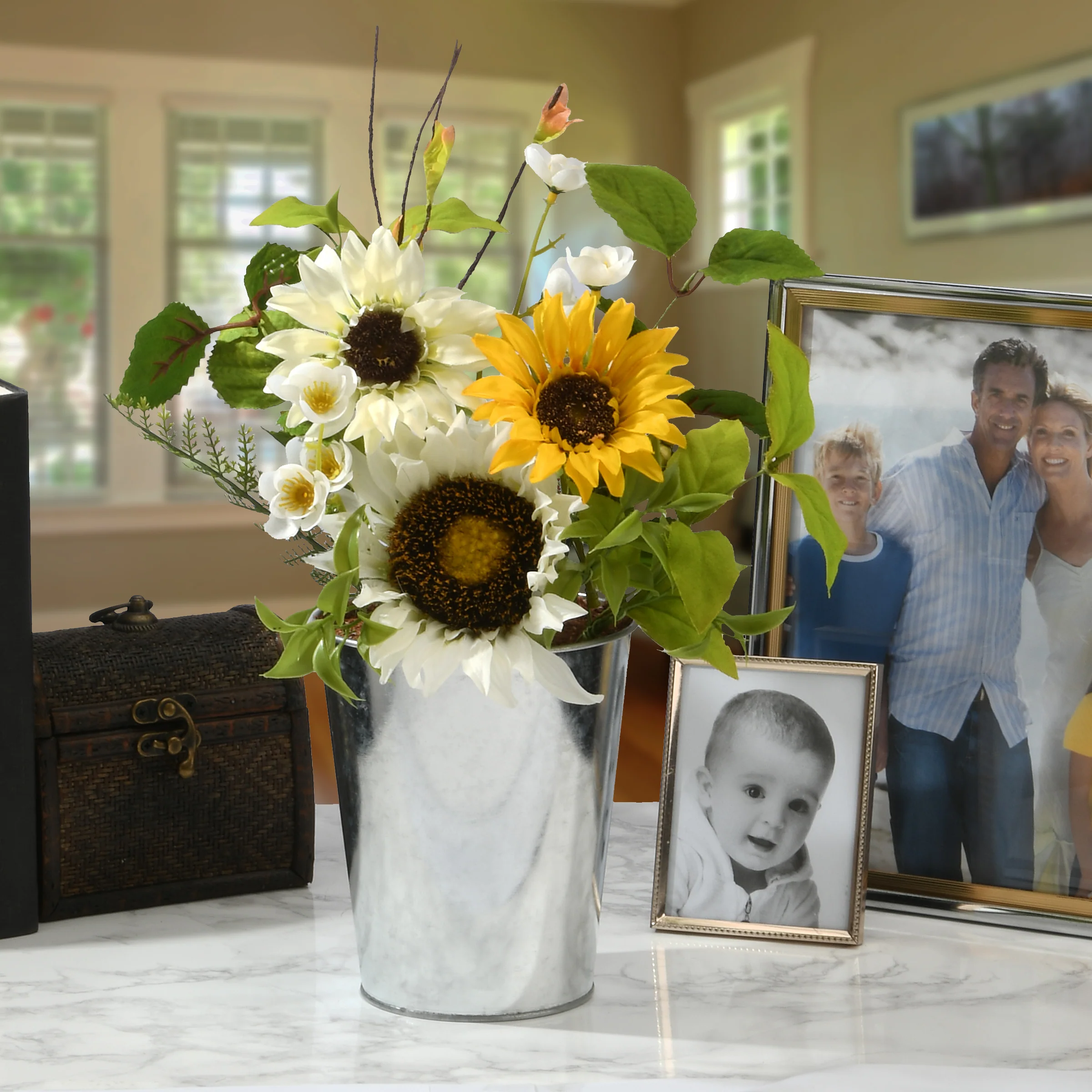 14 in. Spring Flower Potted Plant with Sunflower Blooms, Fern Fronds, Flowing Green Stems, Berry Clusters in a Metal Pot Base - Image 2