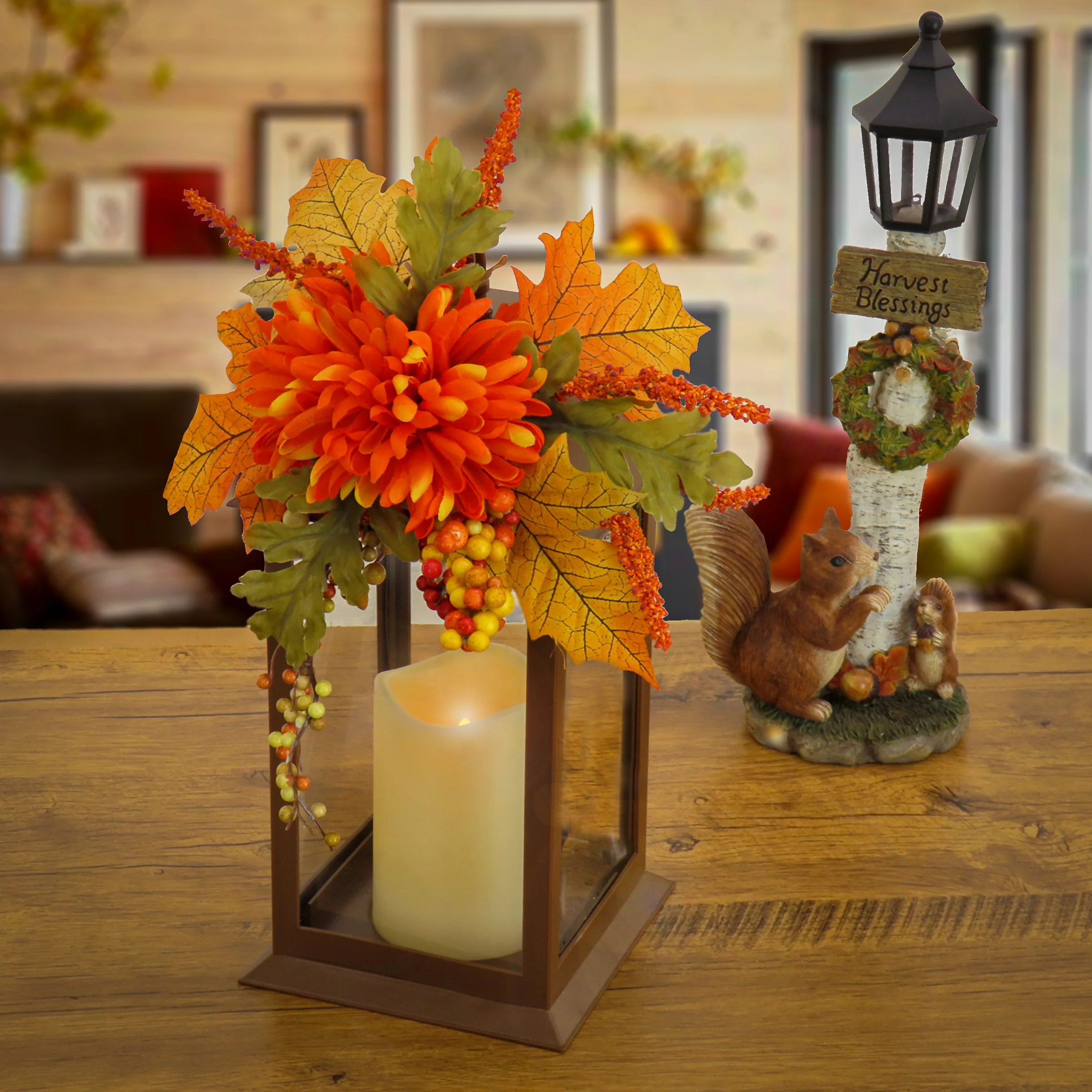 14 in. Fall Lantern with Mum Flower, Mixed Leaves, Berry - Image 2