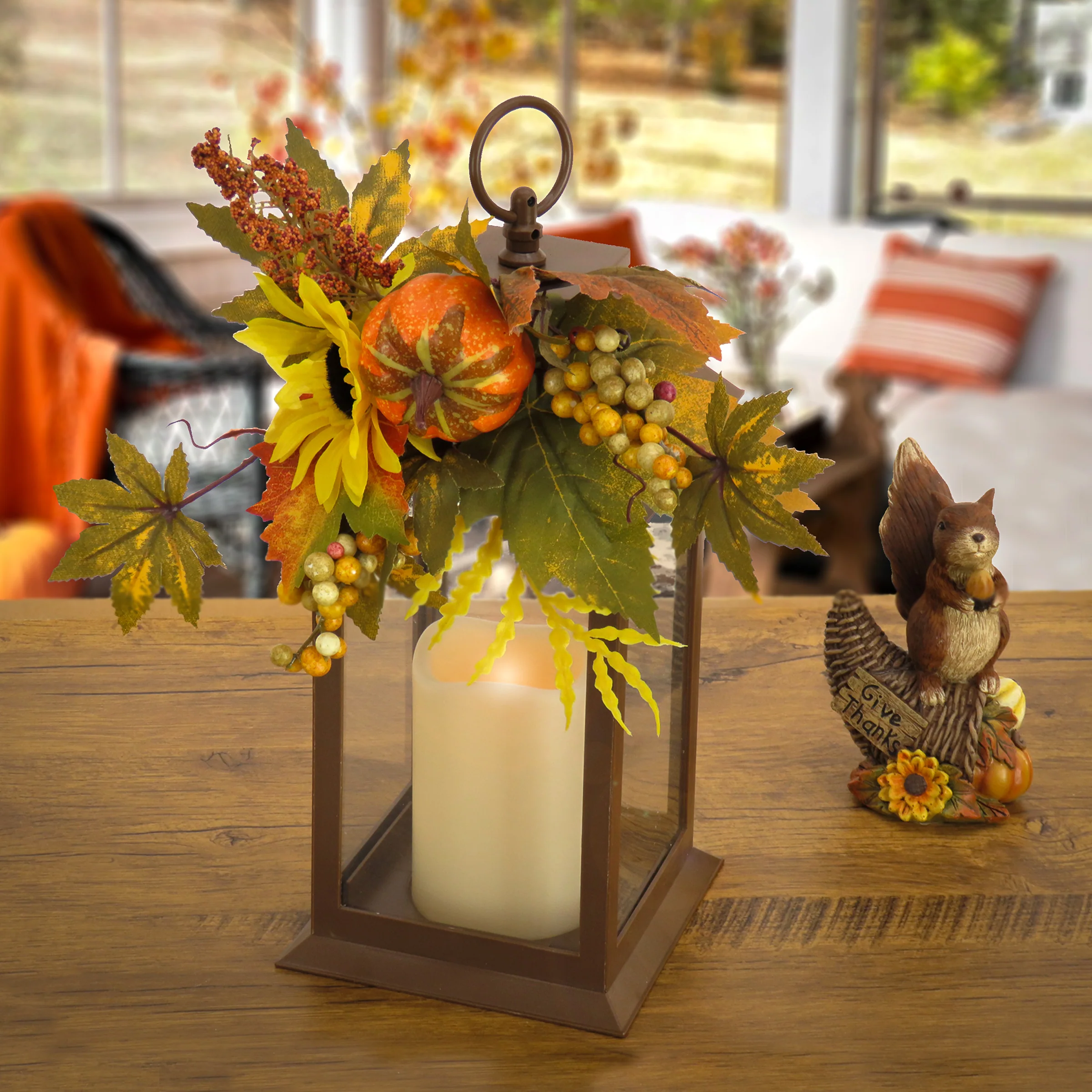 14 in. Fall Lantern with Sunflower, Mixed Leaves, Berry, Pumpkin - Image 2