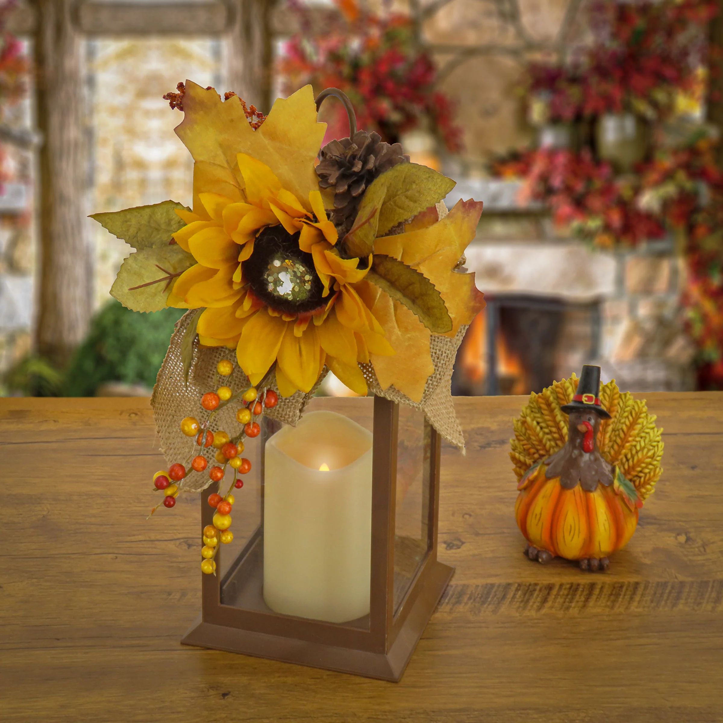 14 in. Fall Lantern with Sunflower, Mixed Leaves, Pinecone and Bow - Image 2