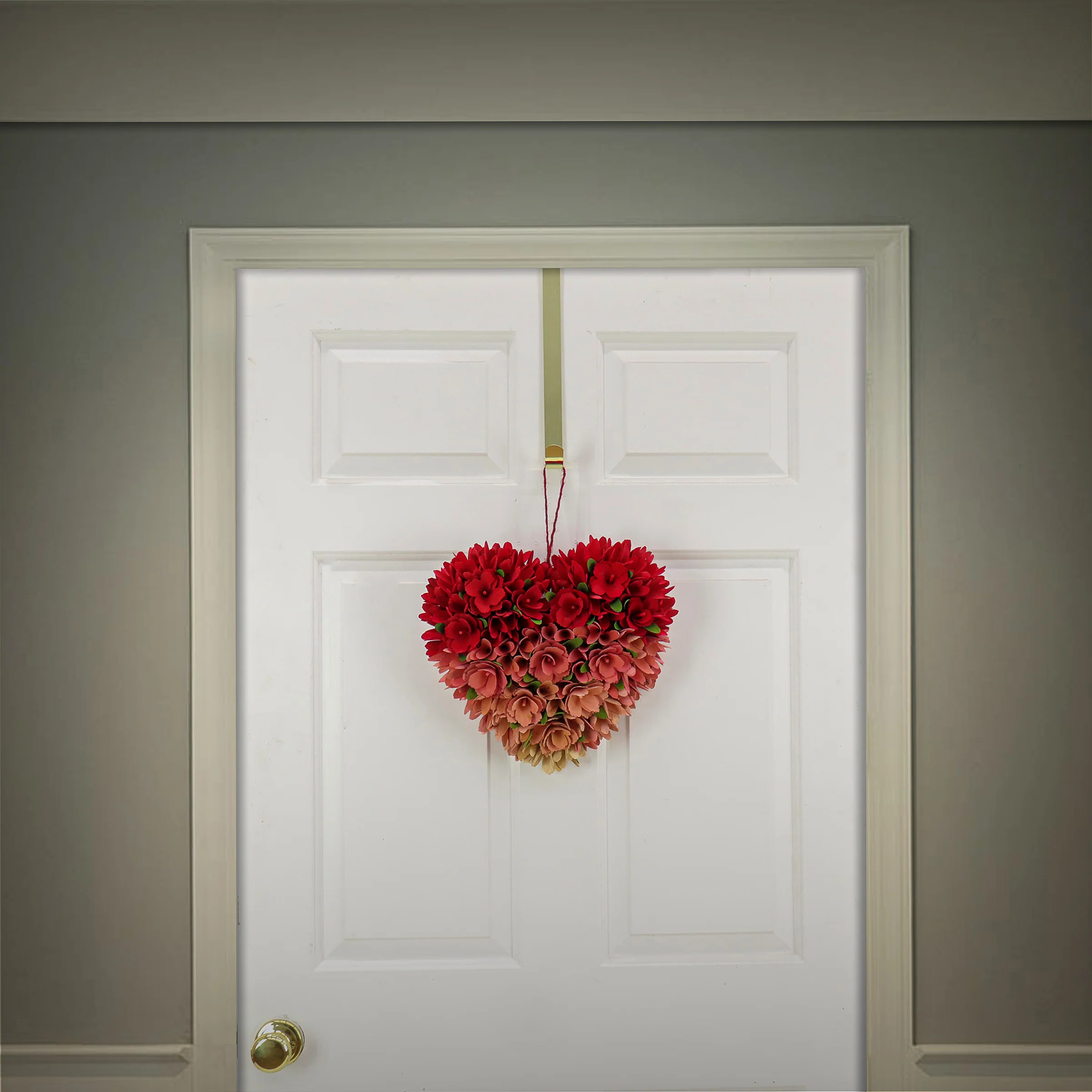 Valentine's Floral Red and Ombre Heart Wreath, Decorated with Flower Blooms, 16 Inches - Image 2