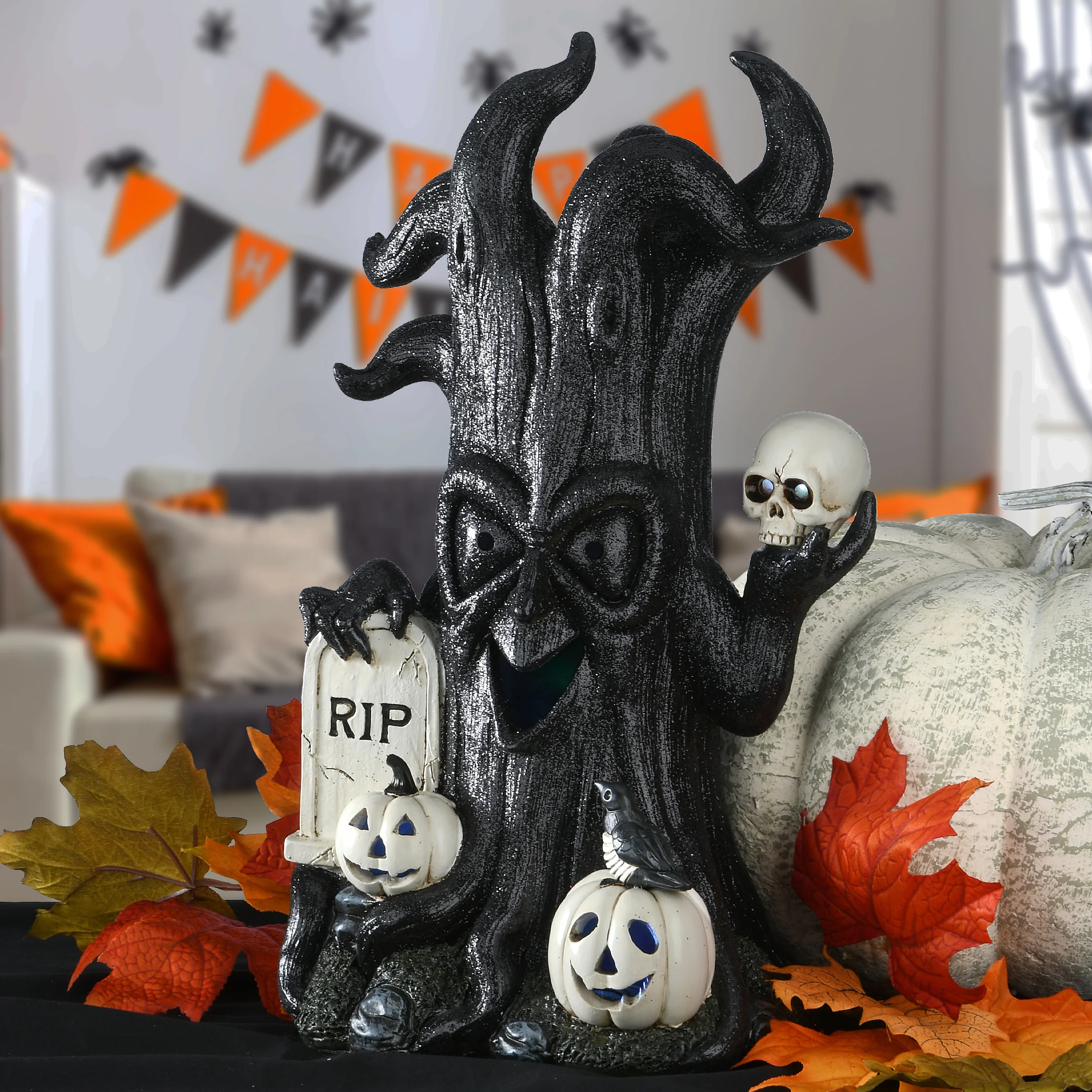 15 in. Halloween Tree Holding Skull and RIP Tombstone with LED Lights - Image 2
