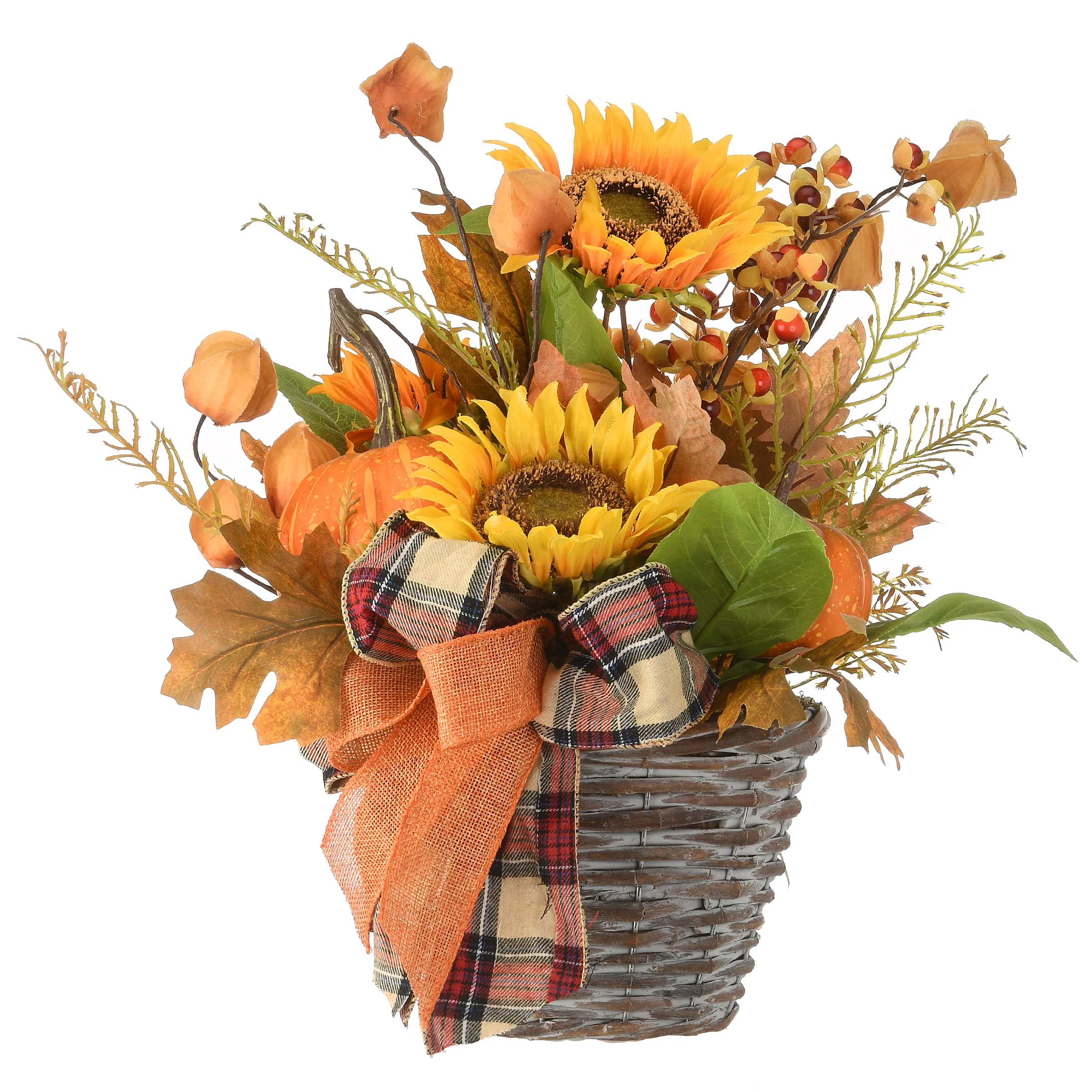 16 in. Fall Flowers in Wicker Basket, Decorated with Pumpkins, Gourds, Sunflower Blooms, Burlap Bows, Maple Leaves