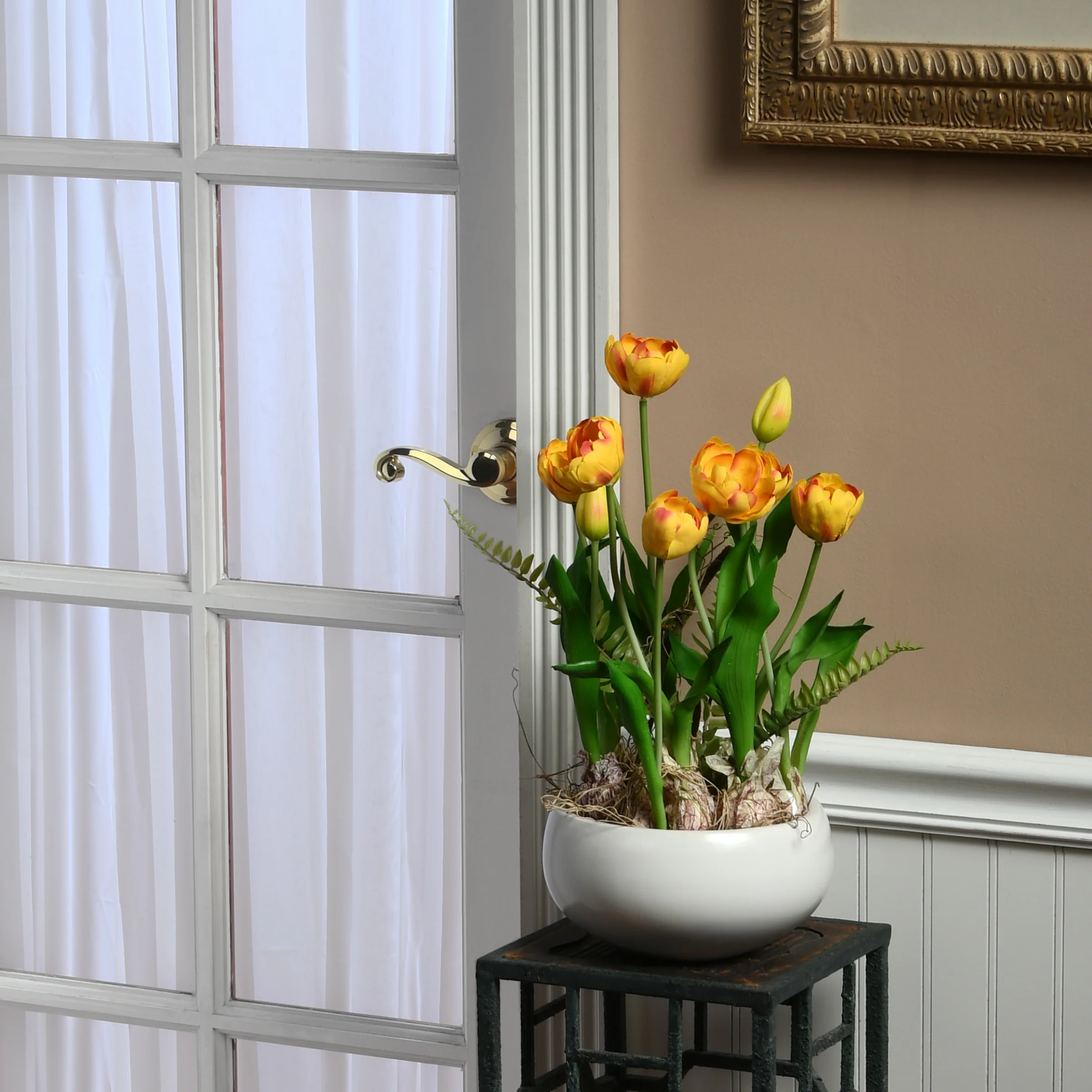 18 in. Spring Flower Potted Plant with Yellow Tulips, Vibrant Green Stems, Fern Fronds in a Stylish Ceramic Pot Base - Image 2