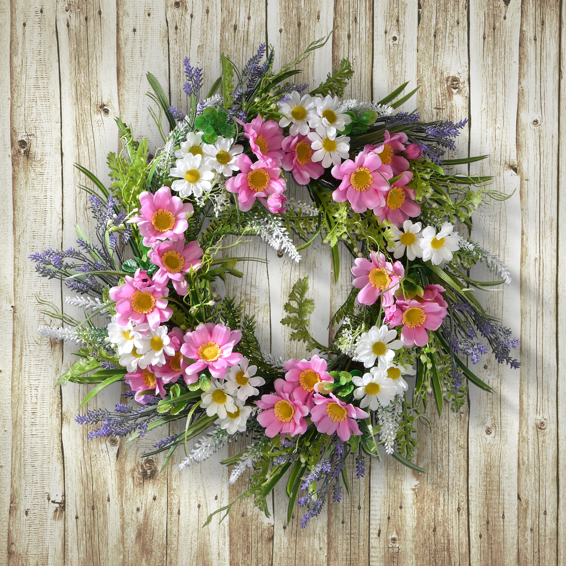 18 in. Spring Wreath with Pink and White Daisies, Leafy Greens, Seed Pods - Image 2