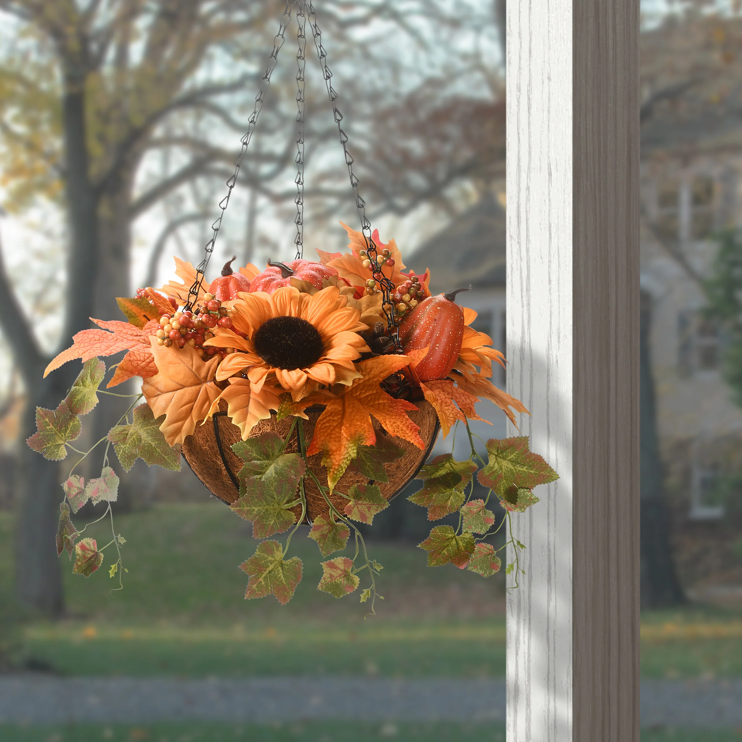 18 in. Fall Hanging Basket with Ivy Leaves, Sunflowers, Cones, Berries, Gourds, Pumpkin - Image 2