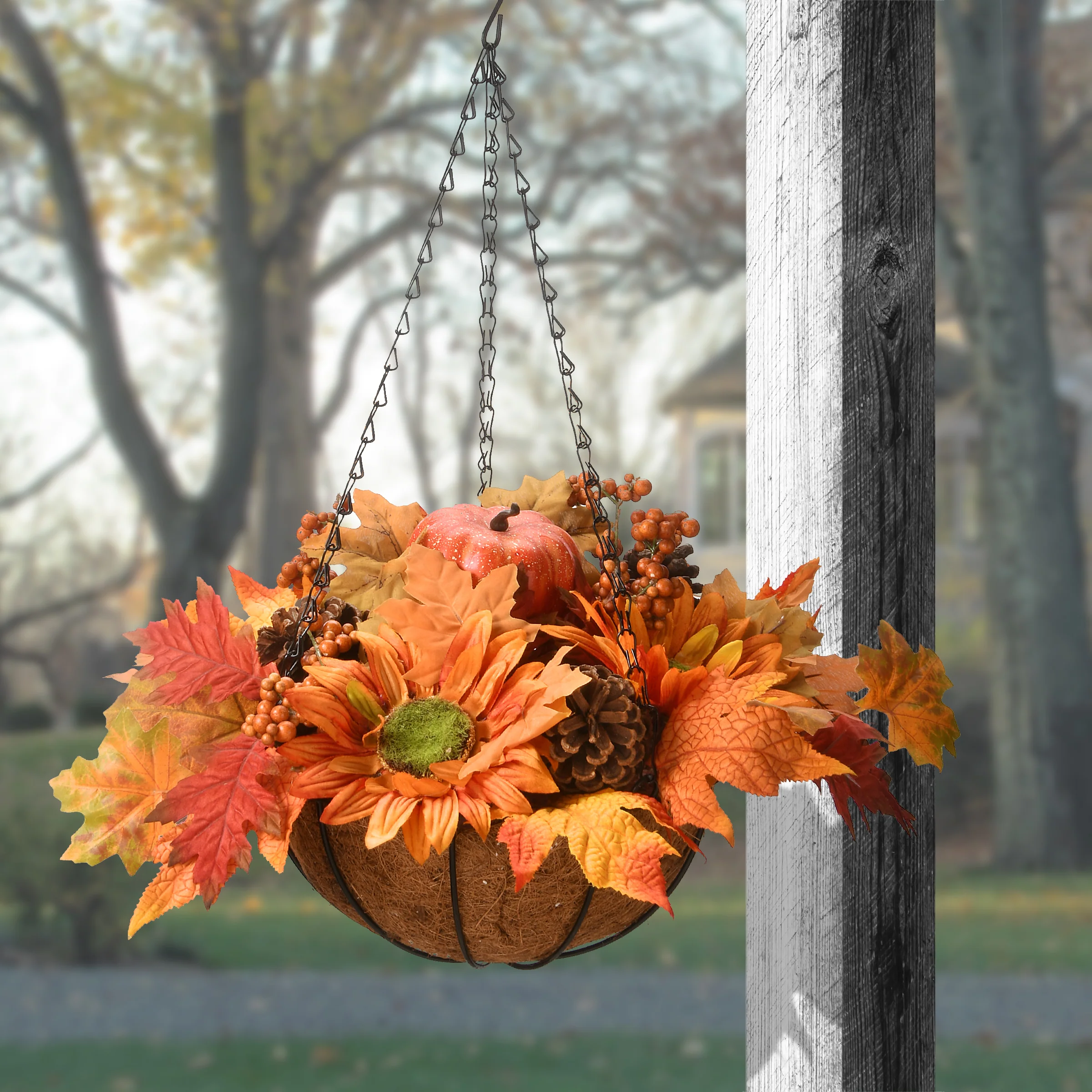 18 in. Fall Hanging Basket with Maple Leaves, Sunflowers, Cones, Berries, Pumpkin - Image 2