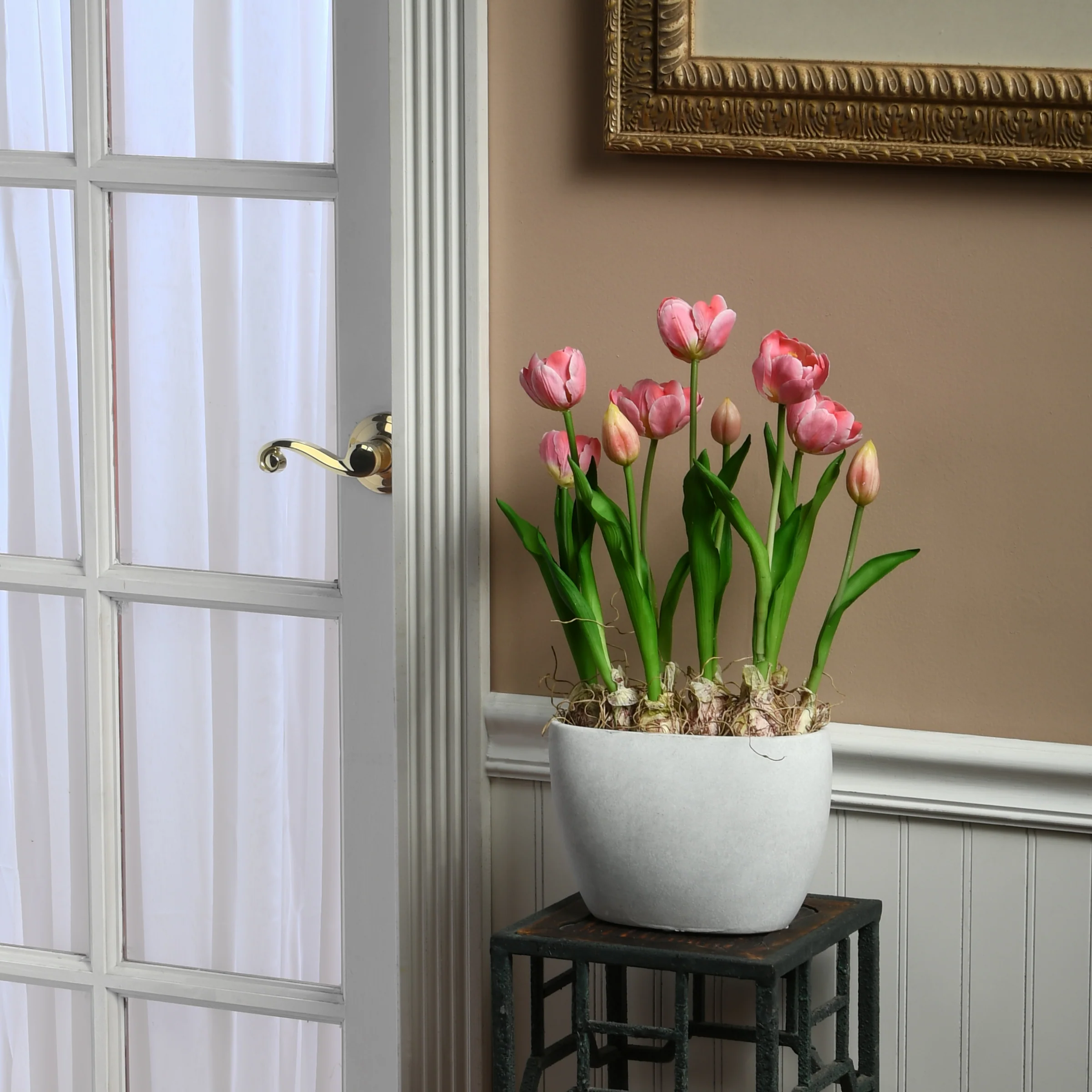18 in. Spring  Pink Tulips Potted Plant with Vibrant Green Stems in a Stylish Ceramic Pot - Image 2