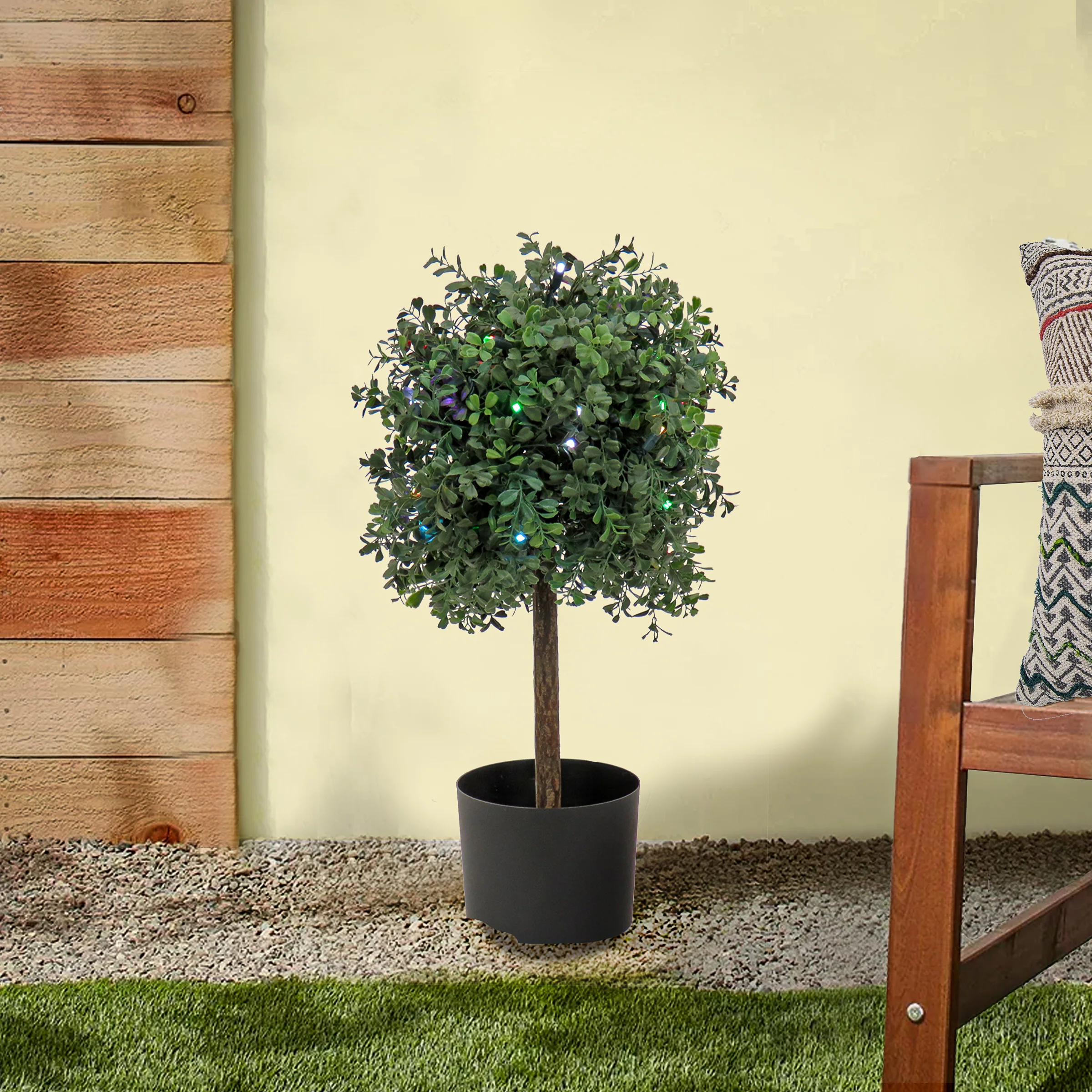 2 ft. Pre-Lit Boxwood Single Ball Topiary with Multi-Function LED Lights - Image 2