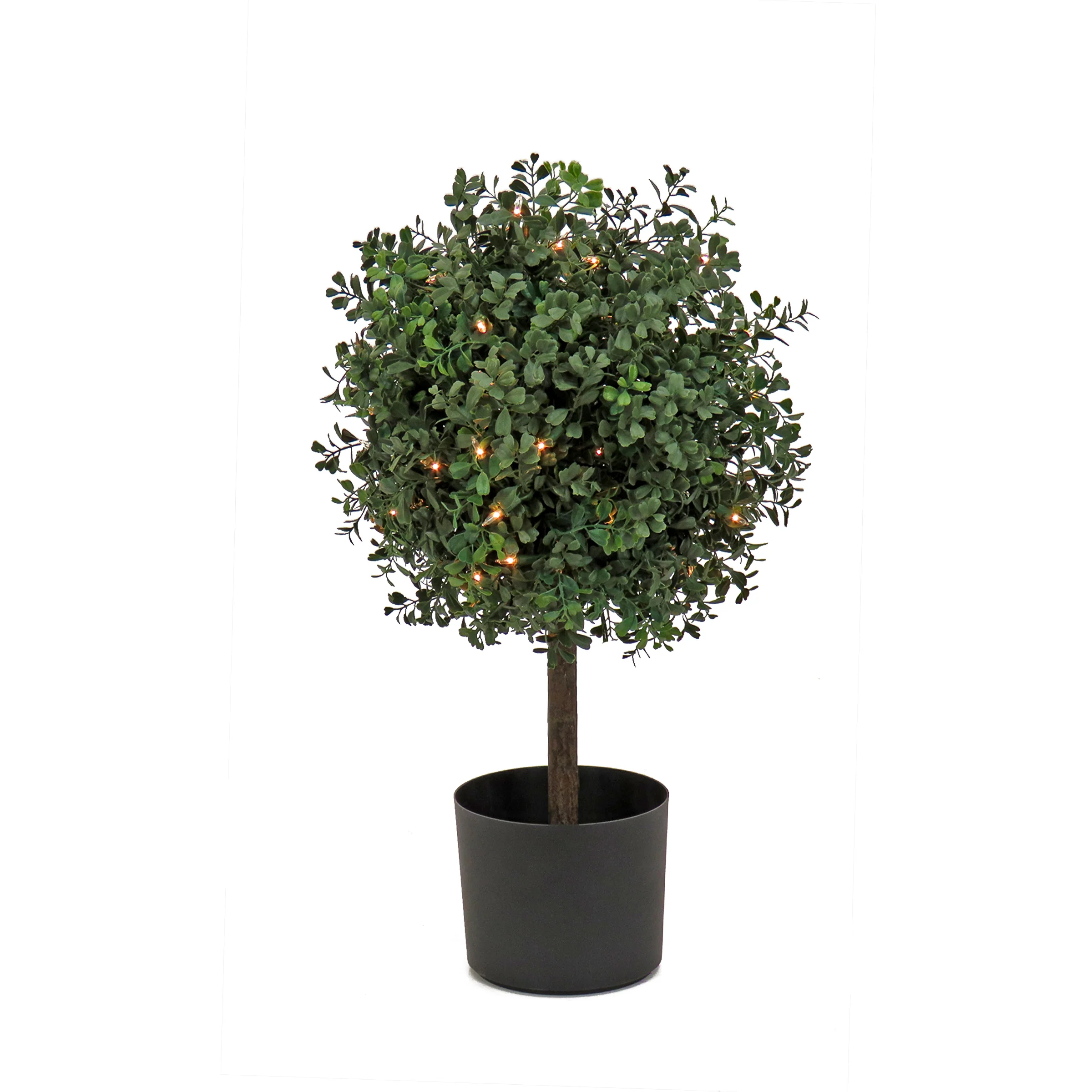 24 in. Pre-Lit Boxwood Single Ball Topiary in Black Nursery Pot with Clear Lights