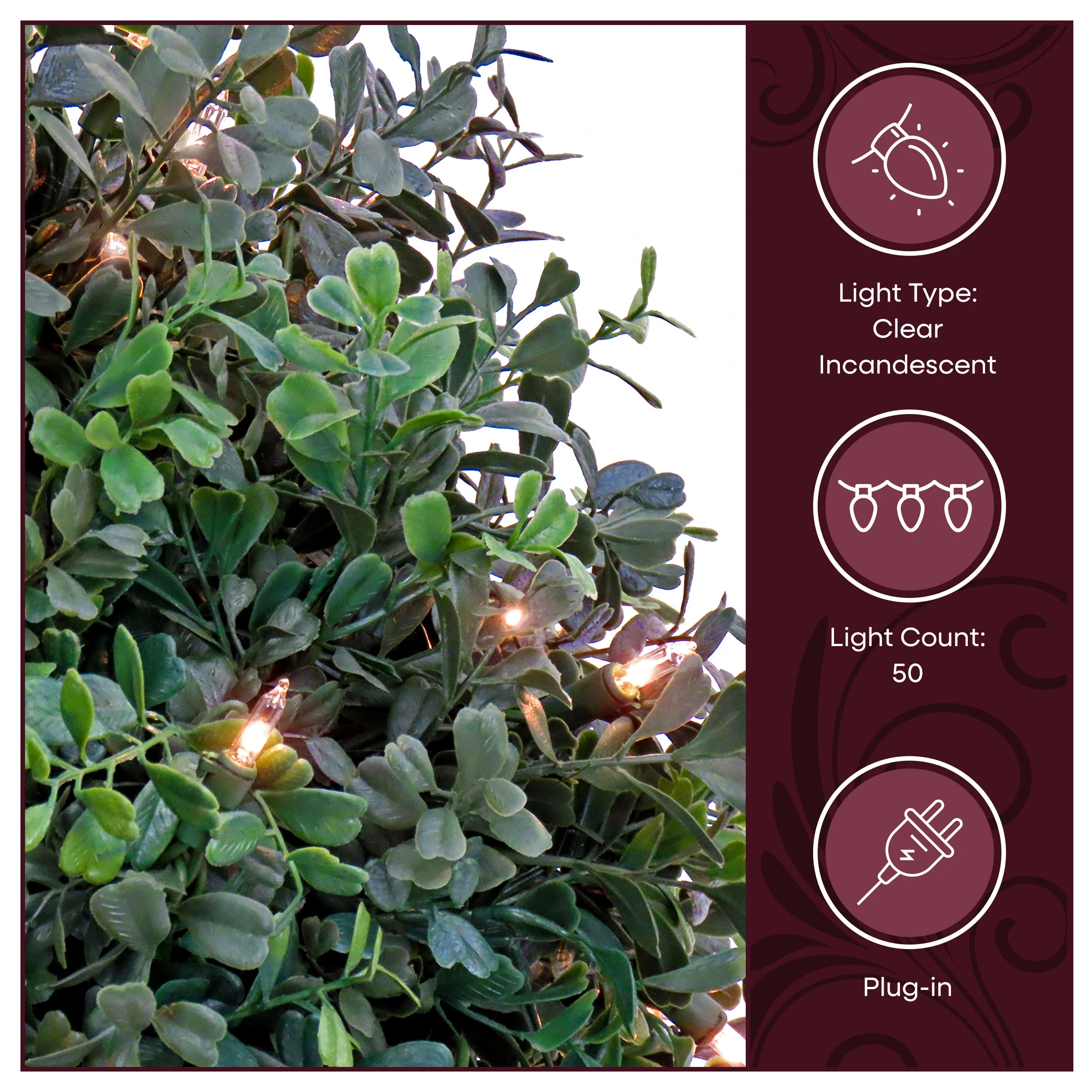 24 in. Pre-Lit Boxwood Single Ball Topiary in Black Nursery Pot with Clear Lights - Image 7