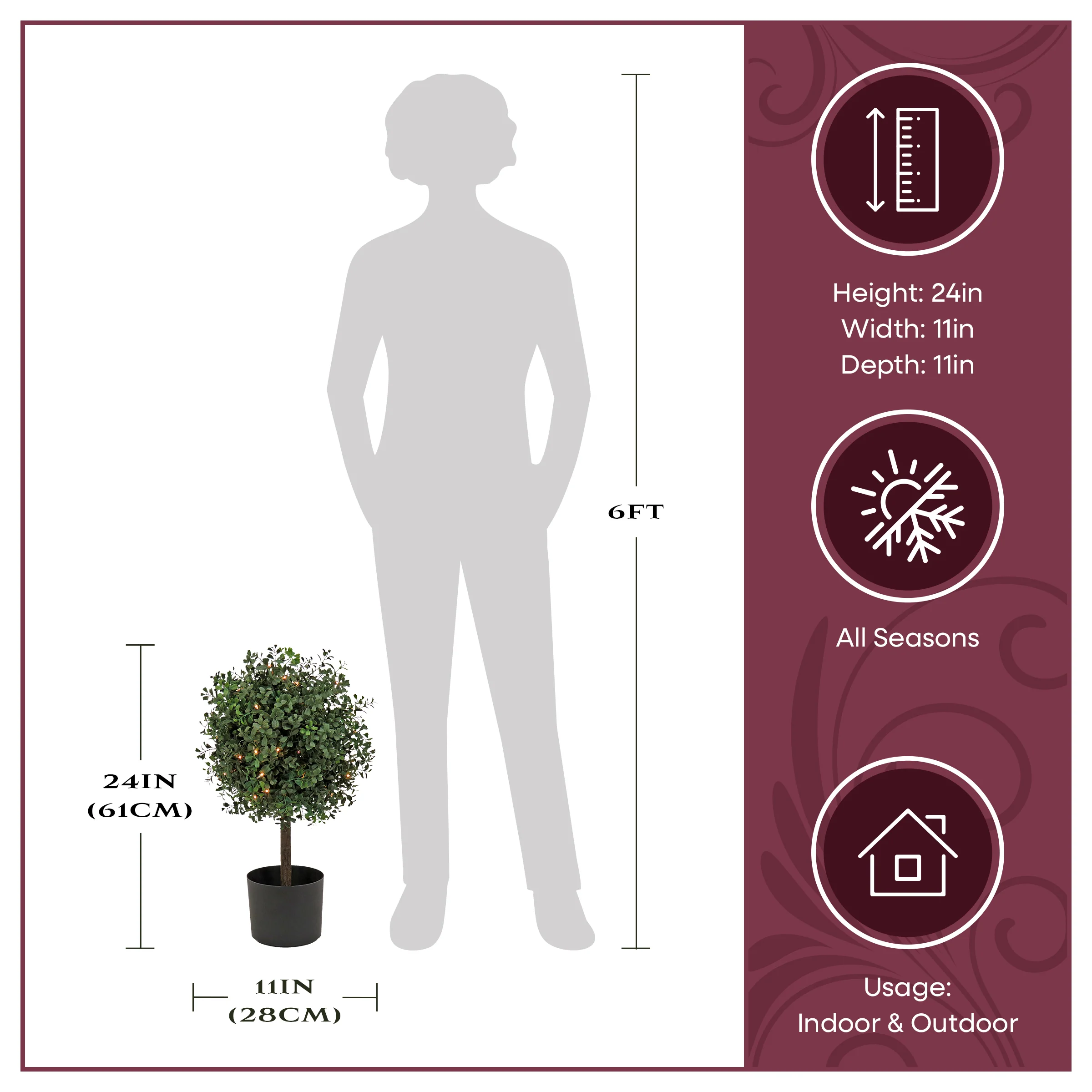 24 in. Pre-Lit Boxwood Single Ball Topiary in Black Nursery Pot with Clear Lights - Image 9