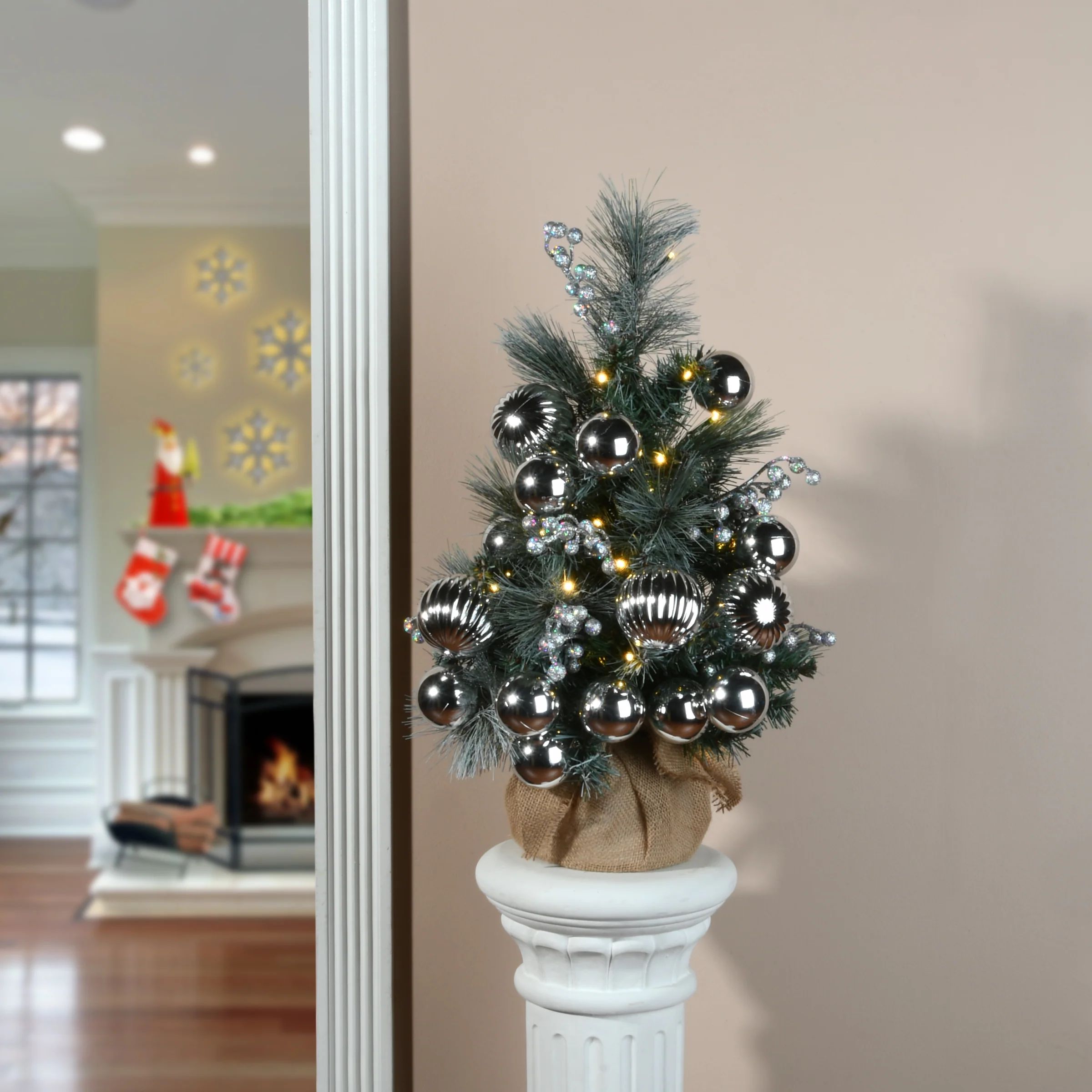 2 ft. Pre-Lit Frosted Silver Pine Tree with LED Lights - Image 2