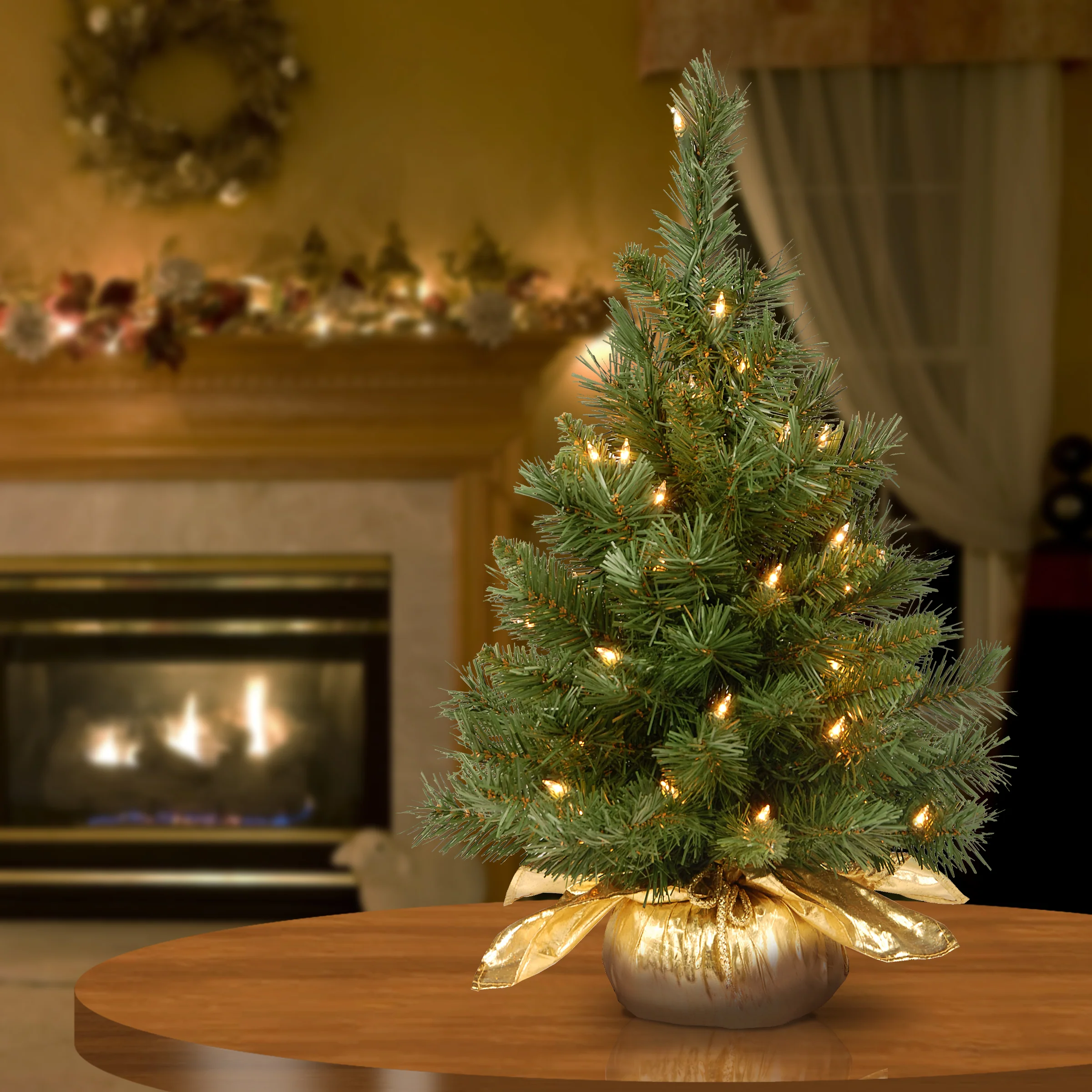 2 ft. Pre-Lit Majestic Fir Tree with Clear Lights, Gold Base, Plug-In - Image 3
