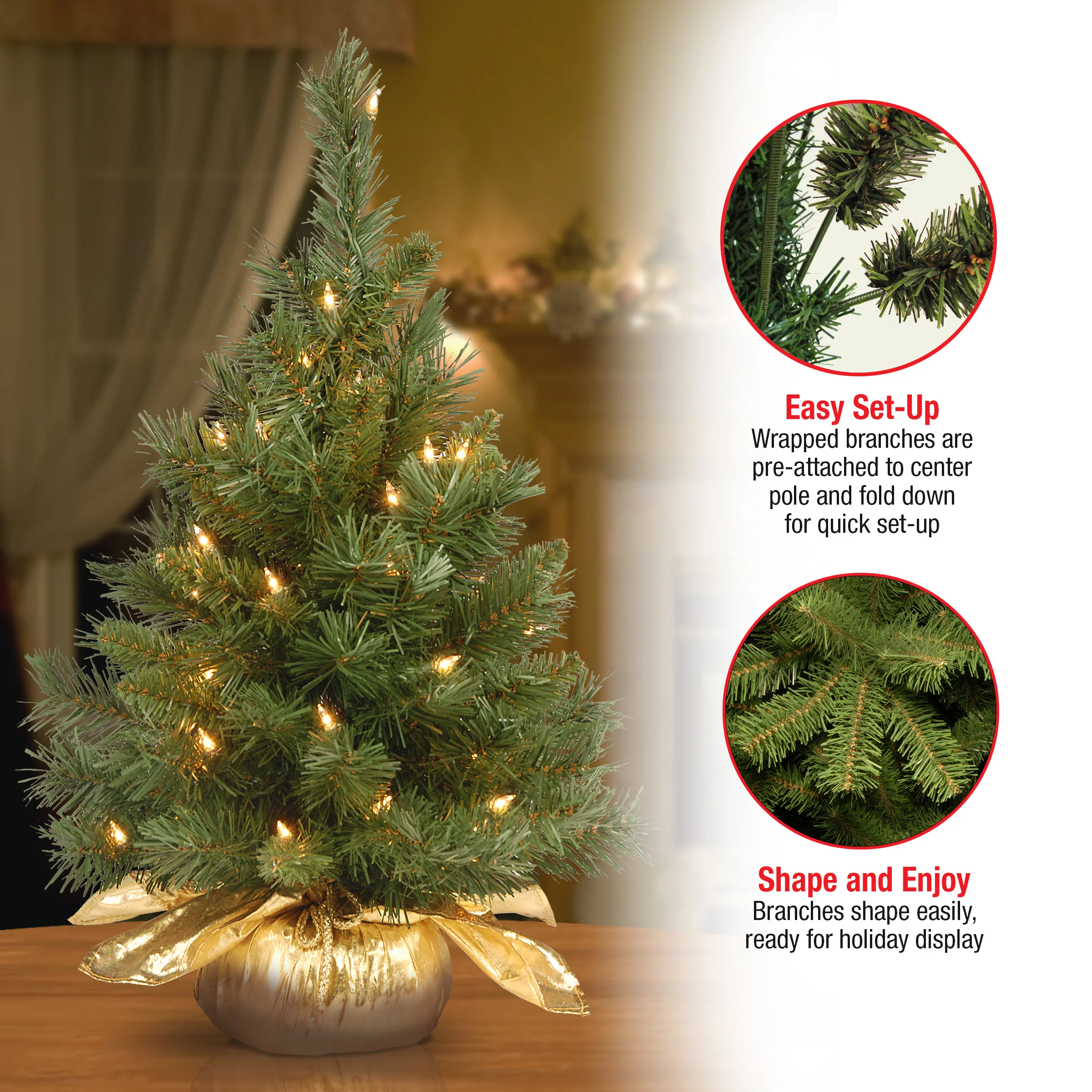 2 ft. Pre-Lit Majestic Fir Tree with Clear Lights, Gold Base, Plug-In - Image 7