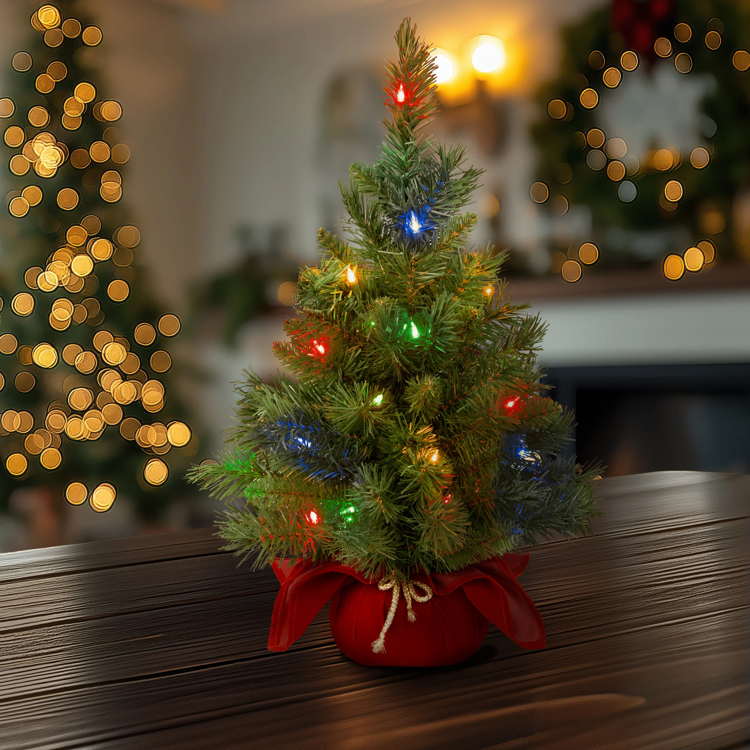 2 ft. Pre-Lit Majestic Fir Tree with Multicolor LED Lights, Red Base - Image 2