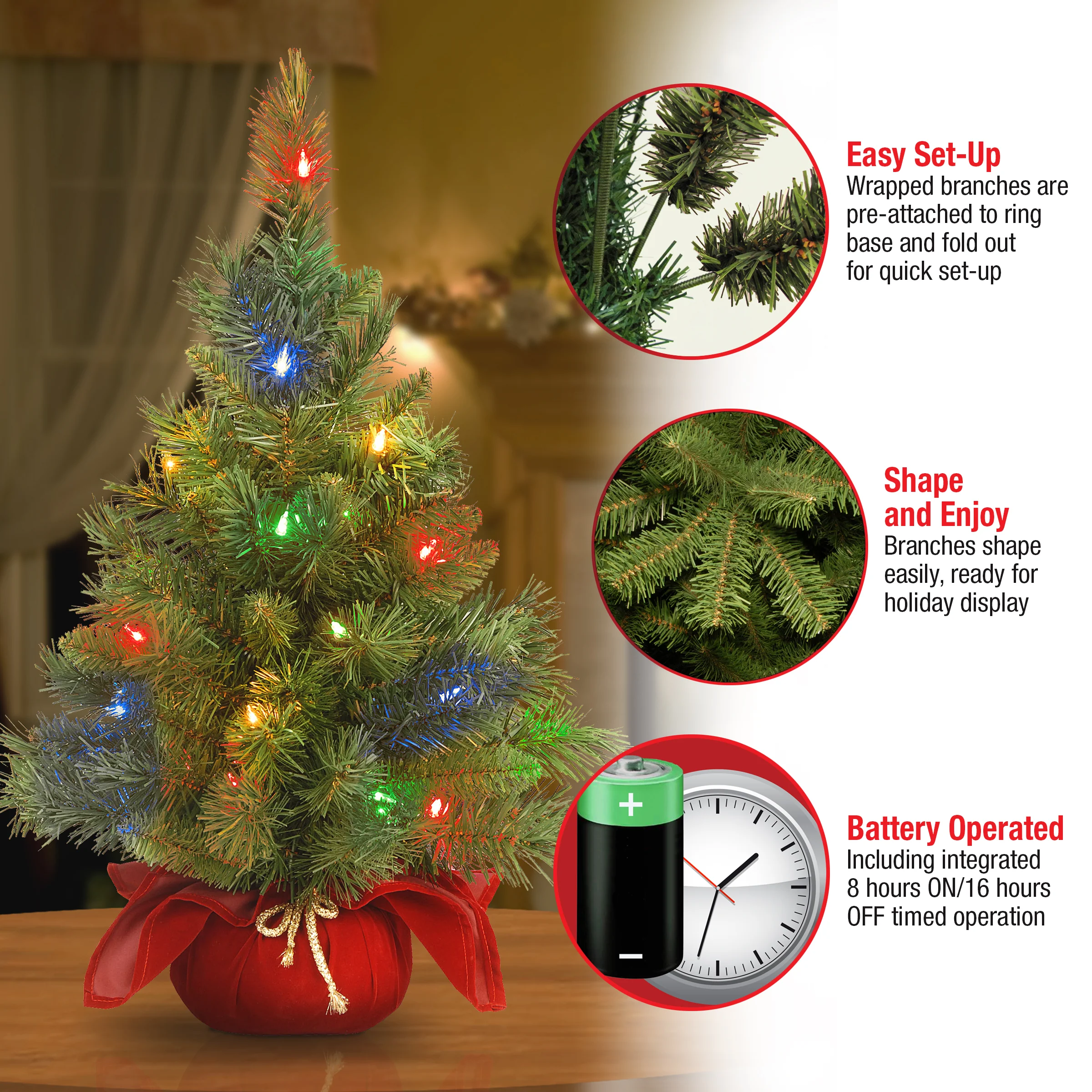 2 ft. Pre-Lit Majestic Fir Tree with Multicolor LED Lights, Red Base - Image 5