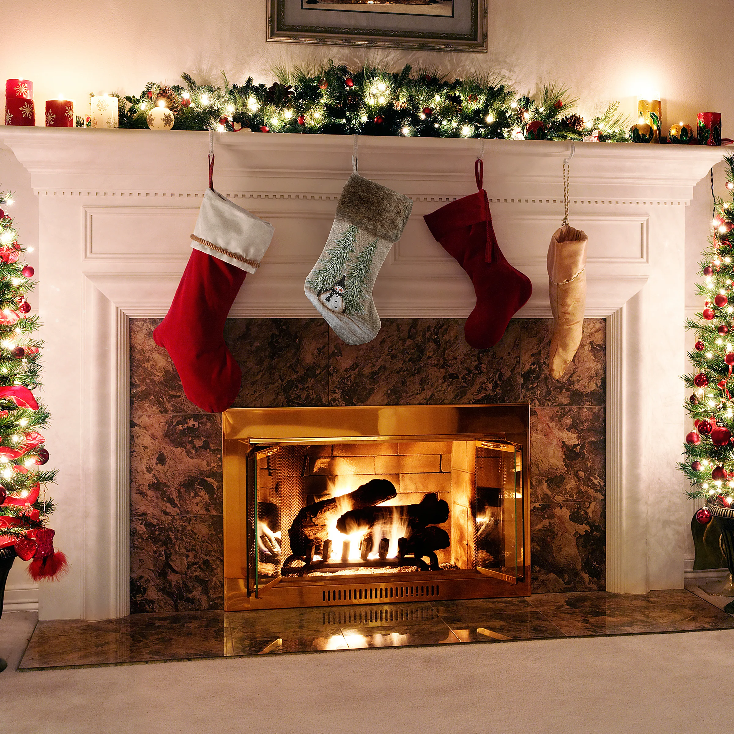 21 in. Alpine Collection Evergreens and Snowman Stocking - Image 2