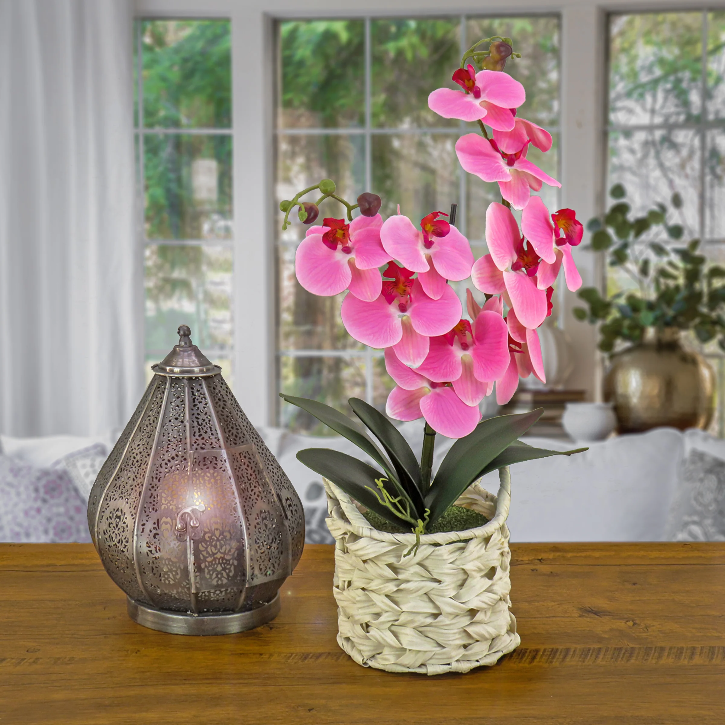 21 in. Spring Pink Orchid in White Basket - Image 2