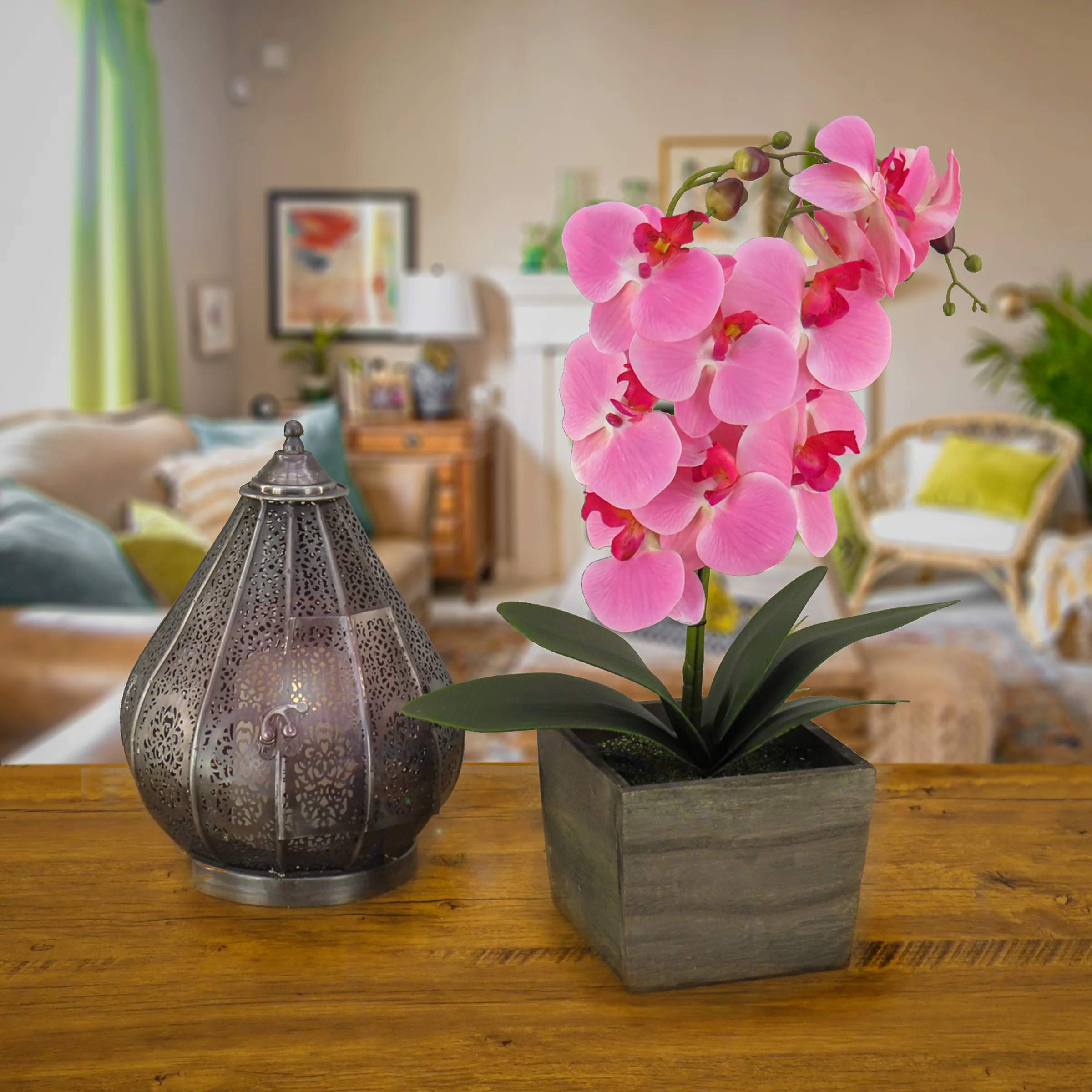 21 in. Spring Pink Orchid Flower in Wood Box - Image 2