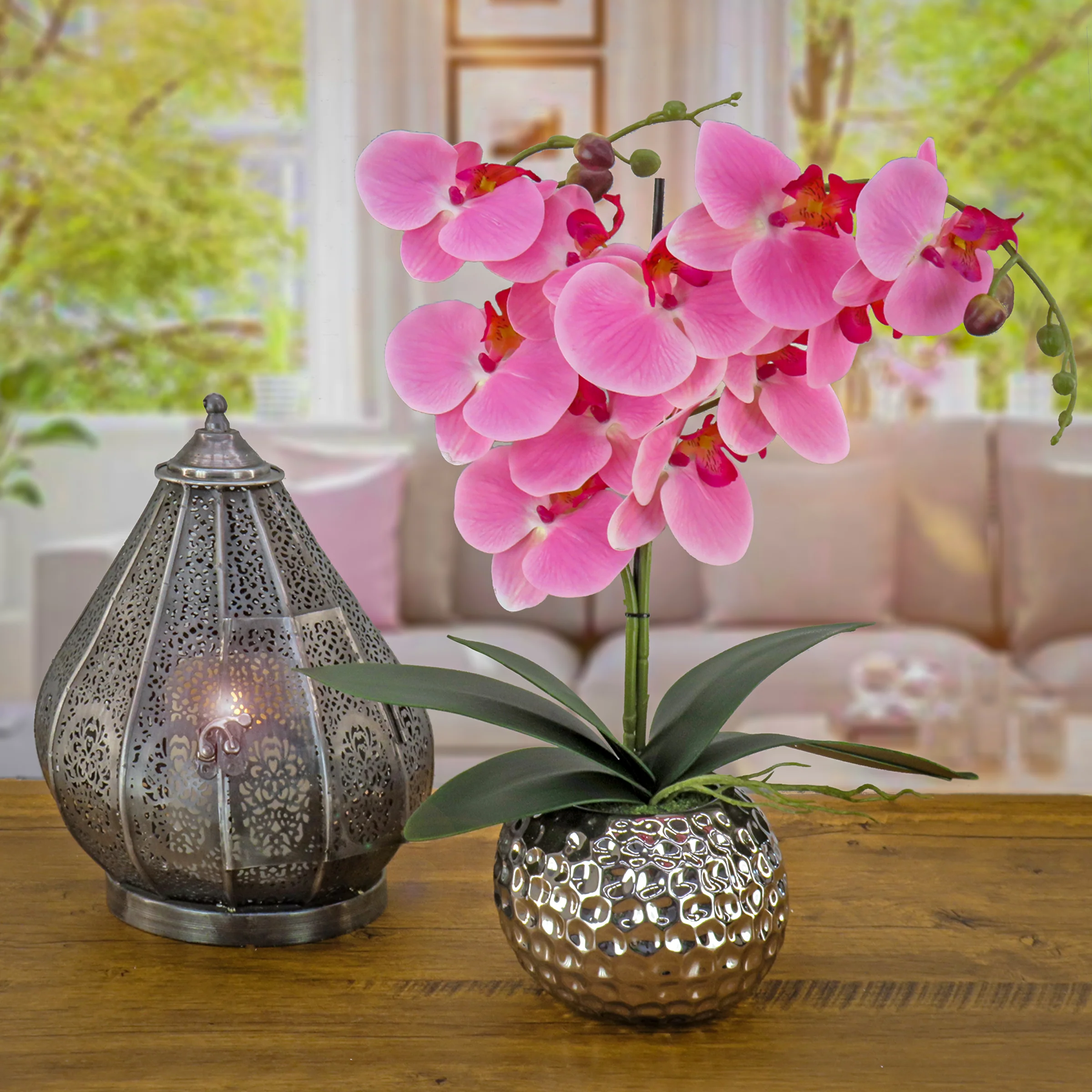 21 in. Spring Pink Orchid in Silver Smooth Ceramic Pot - Image 2